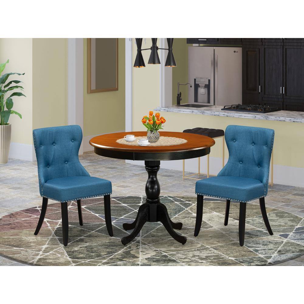 Angle. East West Furniture - East West Furniture 3-Pc Dining Table Set Contains a Wood Dining Table and 2 Blue Linen Fabric Mid Century Modern - Multi-Color.