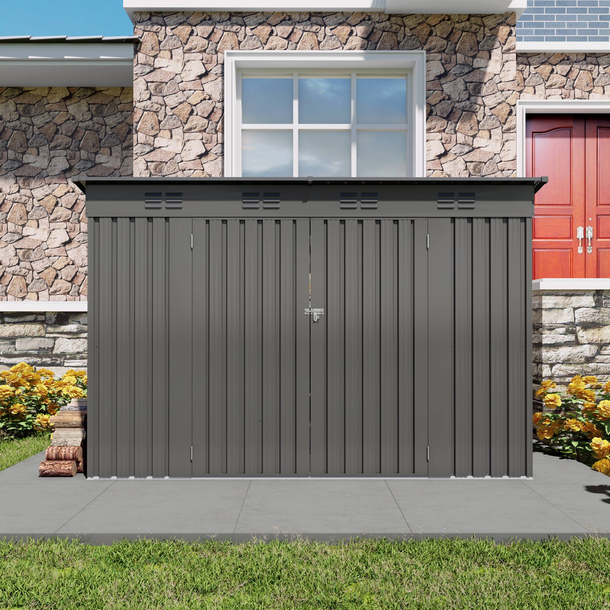 Front. Anysun - 4 x 9 FT Outdoor Storage Shed – Metal Garden Shed Tool House with Sloping Roof, 6 Vents & 2 Swing Doors - Gray.
