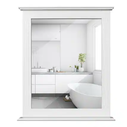 Front. Gymax - Gymax Bathroom Wall Mirror W/Shelf Square Vanity Makeup Mirror Multipurpose Usage - white.