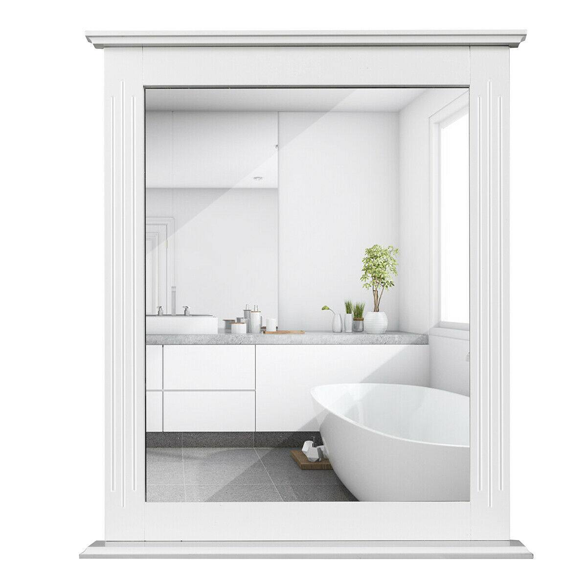 Front. Gymax - Gymax Bathroom Wall Mirror W/Shelf Square Vanity Makeup Mirror Multipurpose Usage - white.