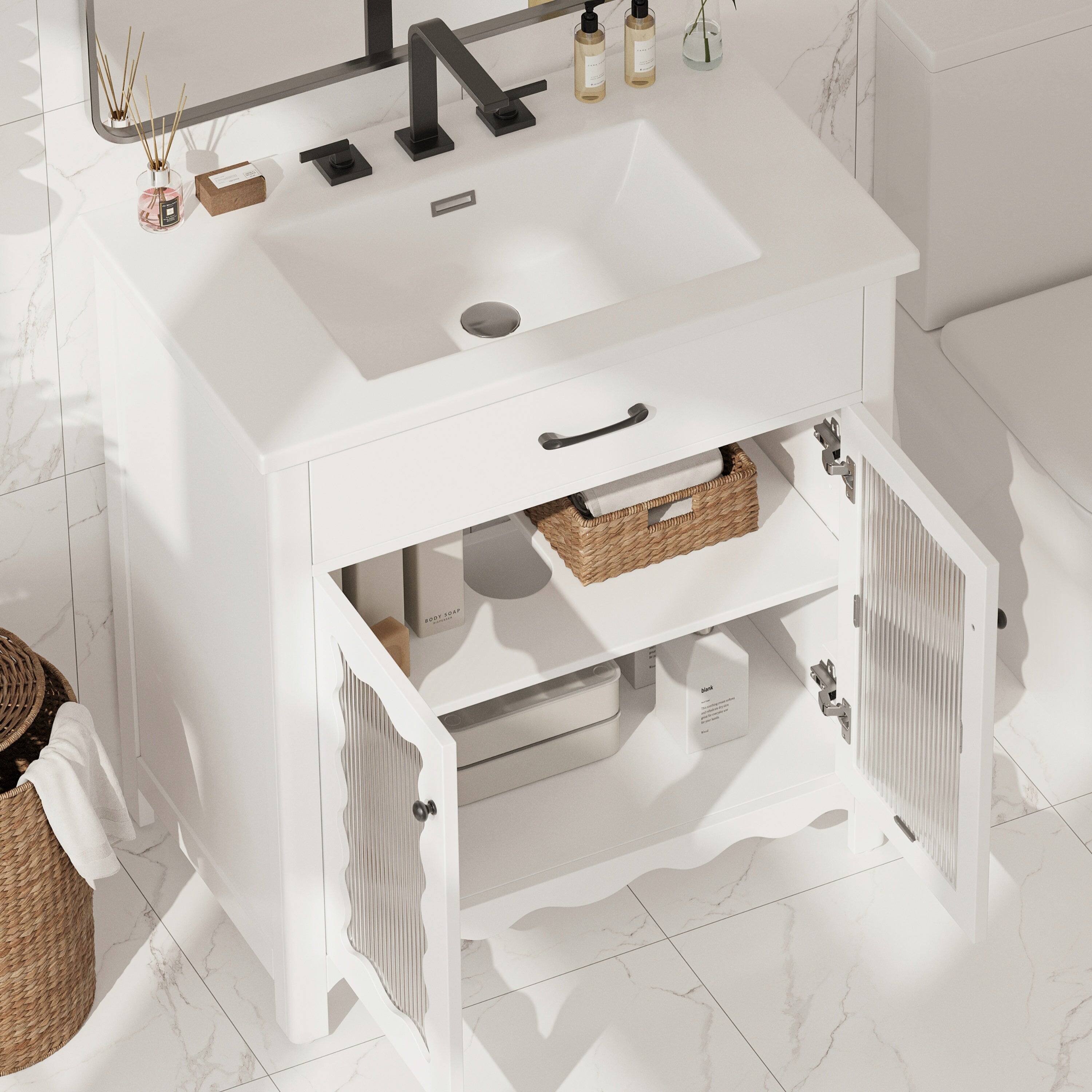 Angle. Boyel Living - 31 Inch Bathroom Vanity with Tempered Glass Modern Cabinet Rubber Wood Legs Soft Close Doors White - White.