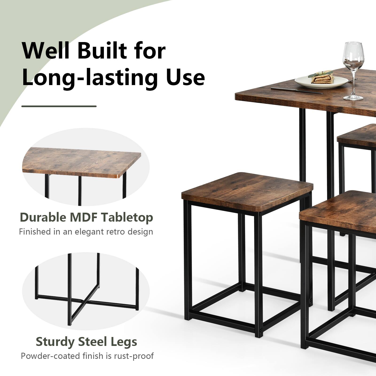 Well Built for Long-lasting Use

Durable MDF Tabletop
Finished in an elegant retro design

Sturdy Steel Legs
Powder-coated finish is rust-proof