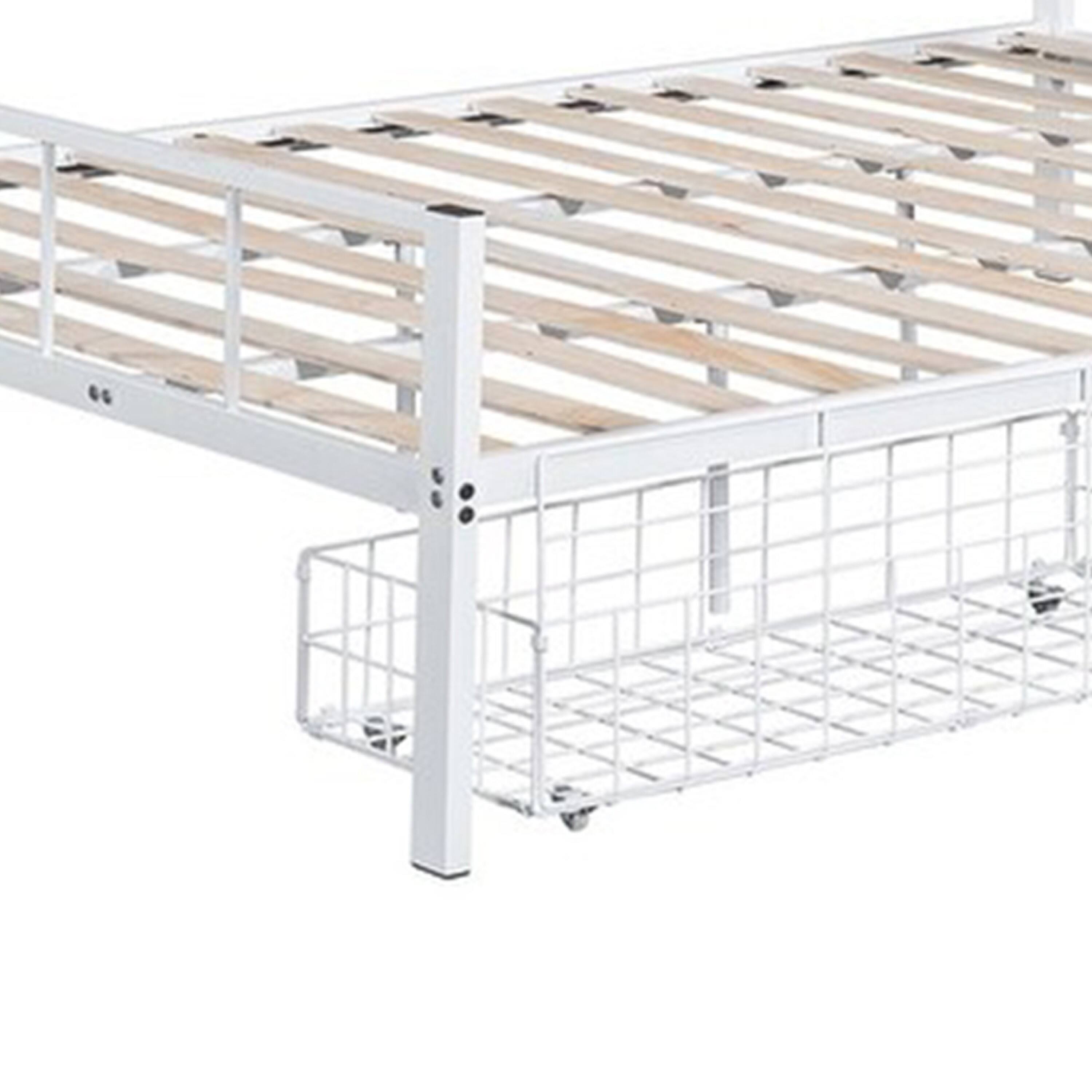 Back. Manhattan Lane - Nix Queen Size Bed w Underbed Storage, Slatted White Metal Headboard - White.