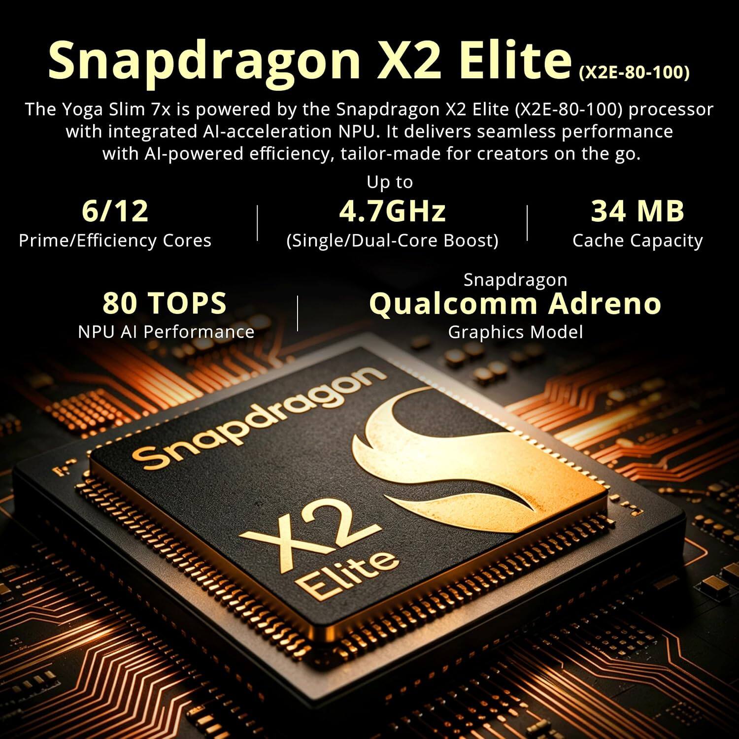 Snapdragon X2 Elite (X2E-80-100)  
The Yoga Slim 7x is powered by the Snapdragon X2 Elite (X2E-80-100) processor with integrated AI-acceleration NPU. It delivers seamless performance with AI-powered efficiency, tailor-made for creators on the go.  

- Up to 6/12 Prime/Efficiency Cores (Single/Dual-Core Boost)  
- Up to 4.7GHz  
- 34 MB Cache Capacity  
- 80 TOPS NPU AI Performance  
- Snapdragon Qualcomm Adreno Graphics Model