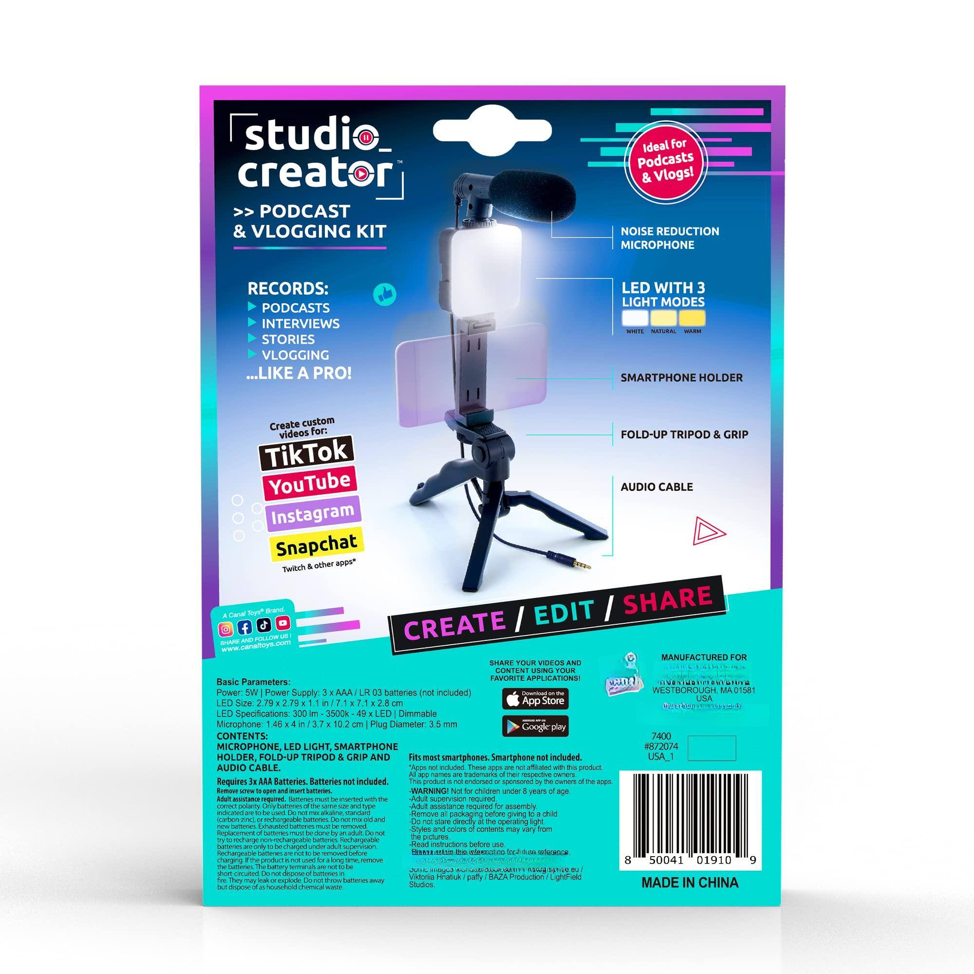 **Studio Creator Podcast & Vlogging Kit**

Ideal for Podcasts & Vlogs!

**Records:**
- Podcasts
- Interviews
- Stories
- Vlogging
...Like a Pro!

**Create custom videos for:**
- TikTok
- YouTube
- Instagram
- Snapchat
- Twitch & other apps

**Features:**
- Noise Reduction Microphone
- LED with 3 Light Modes (White, Natural, Warm)
- Smartphone Holder
- Fold-Up Tripod & Grip
- Audio Cable

**Basic Parameters:**
- Power Supply: 5V 1A (not included)
- LED Size: 2.78 x 2.78 x 1.15 in (7 x 7 x 3 cm)
- Microphone: 3.5 mm x 1/4" (102 mm)
- Plug Diameter: 3.5 mm

**Contents:**
- Microphone
- LED Light
- Smartphone Holder
- Fold-Up Tripod & Grip
- Audio Cable

**Requires:**
- 3 x AA Batteries (not included)

**Warning:**
- Adult supervision required for children under 8 years.

**Manufactured for:**
- BAZA