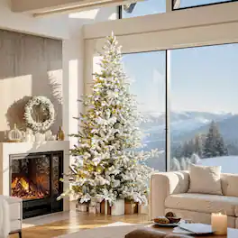 Glitzhome - 9ft Pre-Lit Flocked Full Fir Artificial Christmas Tree with 650 LED Lights - White