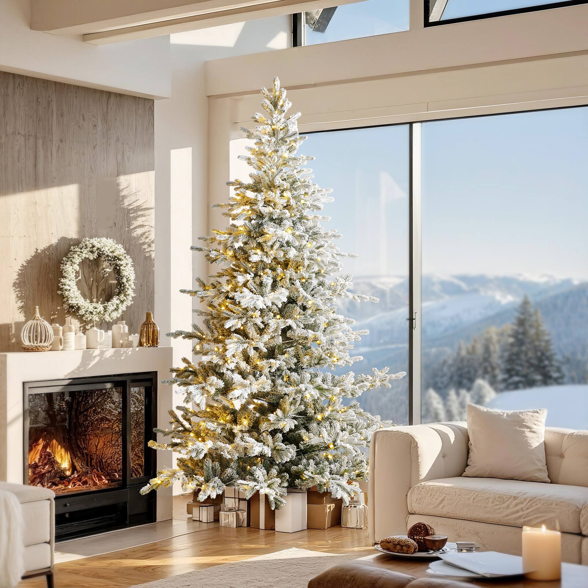 Front. Glitzhome - 9ft Pre-Lit Flocked Full Fir Artificial Christmas Tree with 650 LED Lights - White.