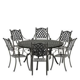 Mondawe - 7-Piece Cast Aluminum Dining Set with Round Table and 6 Checkered Weave Chairs - Bronze