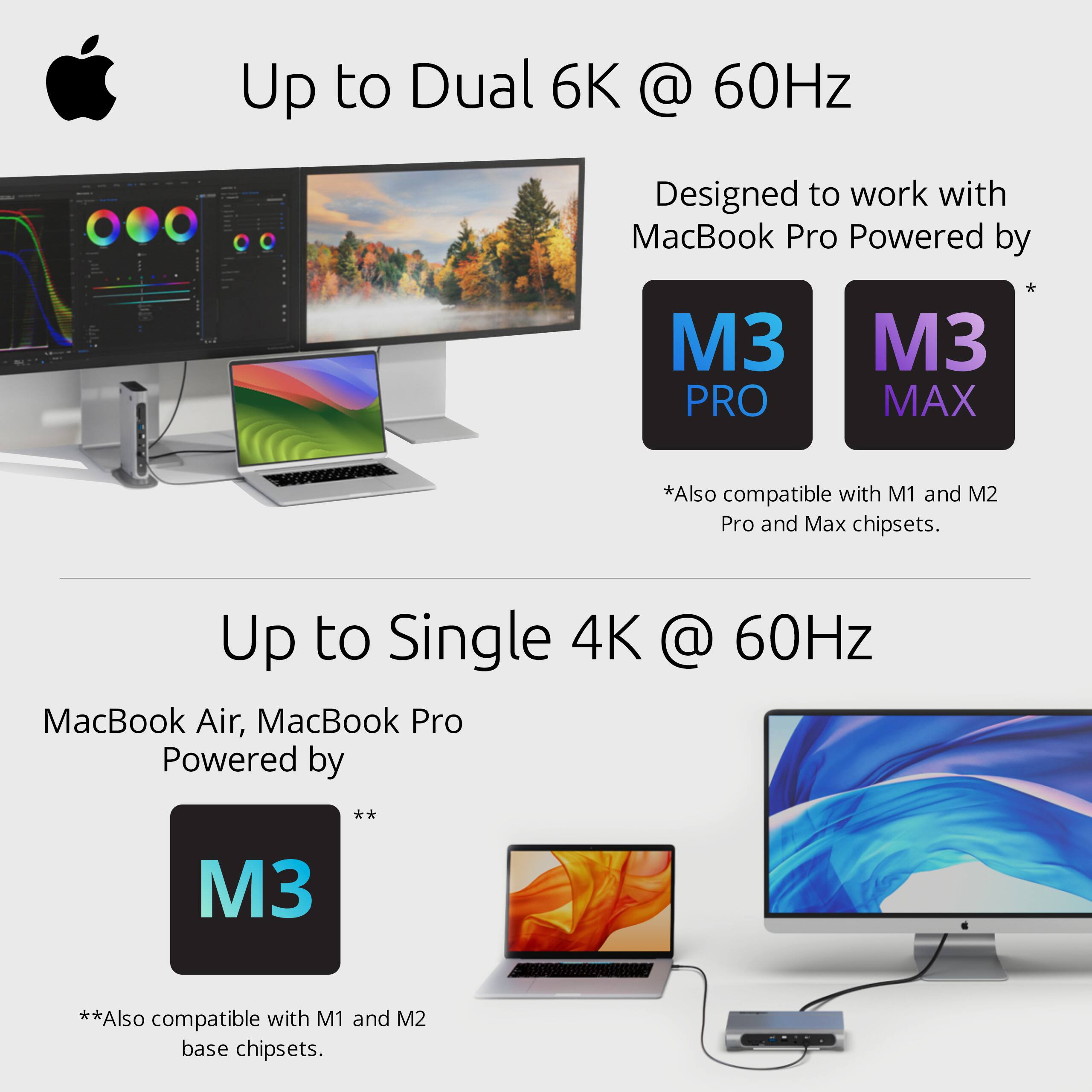 Up to Dual 6K @ 60Hz  
Designed to work with MacBook Pro  
Powered by M3 PRO and M3 MAX  
*Also compatible with M1 and M2 Pro and Max chipsets.

Up to Single 4K @ 60Hz  
MacBook Air, MacBook Pro  
Powered by M3  
**Also compatible with M1 and M2 base chipsets.