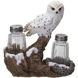 Pacific Trading - Snow Owlet Owl On Snowy Branch Glass Salt Pepper Shakers with Holder - White