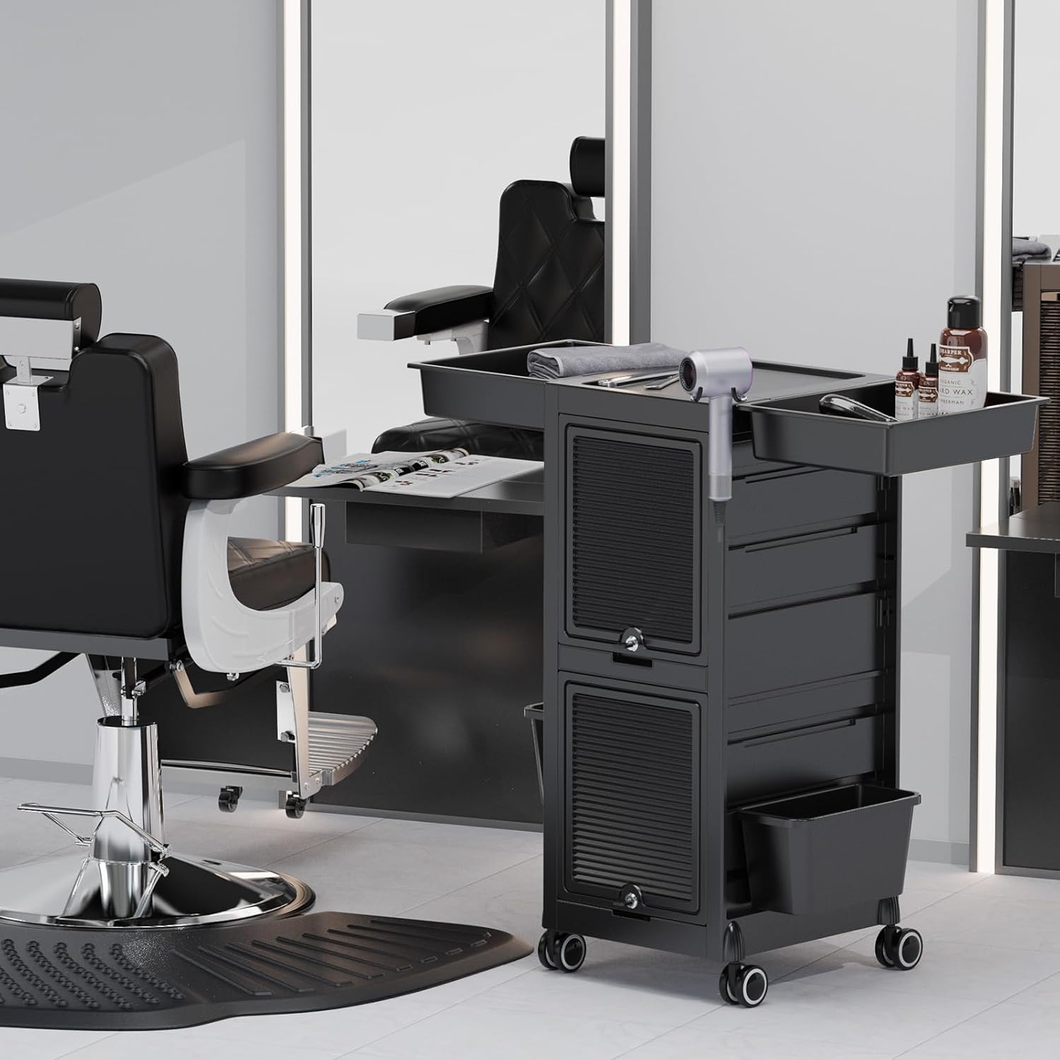 Angle. Winado - Salon Trolley Cart Rolling Hair Cart Hair Stylist Station with 2 Lockable Doors for Barber Shops, Beauty Salons, Spas - Black.