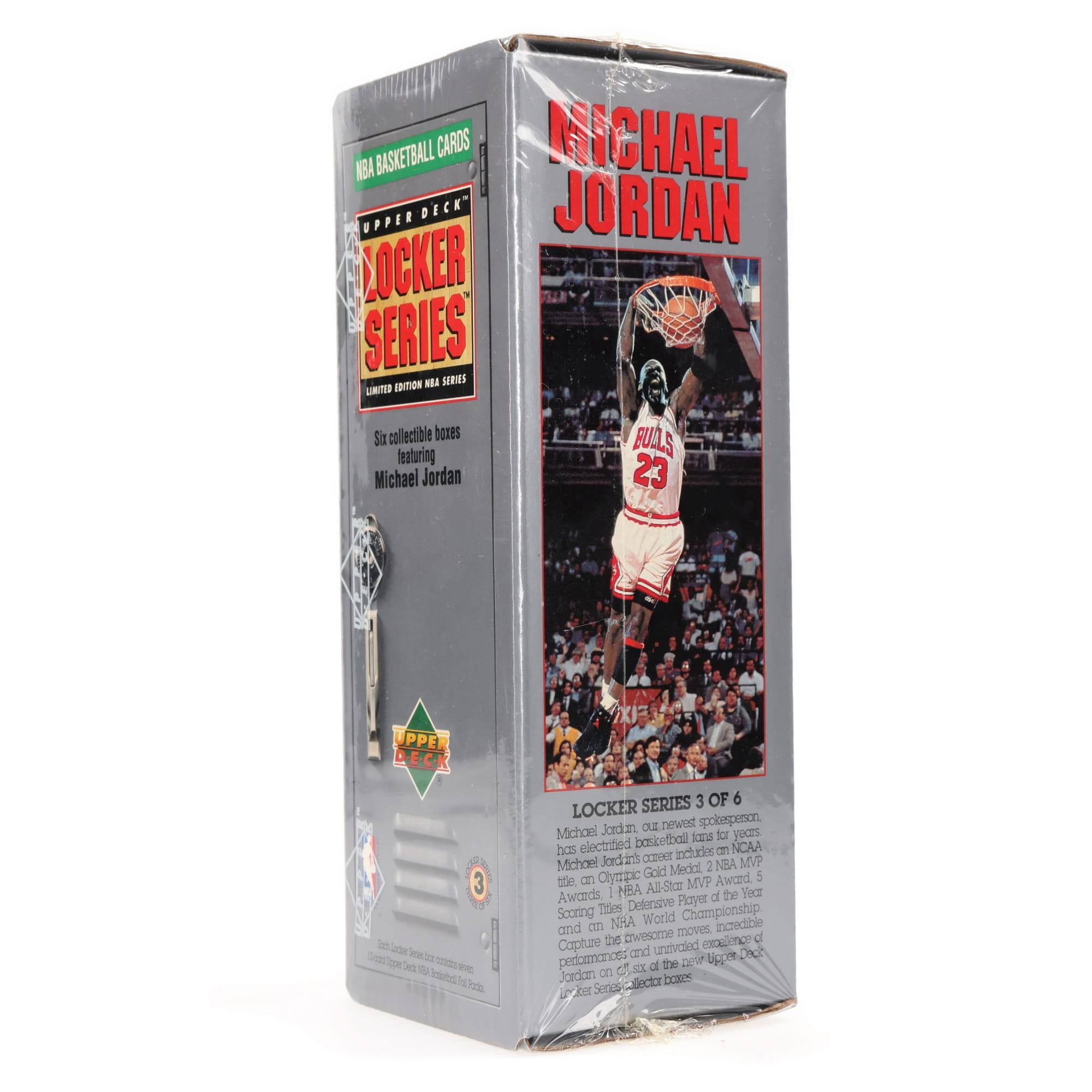 MBA BASKETBALL CARDS  
UPPER DECK  
LOCKER SERIES  
LIMITED EDITION NBA SERIES  

Six collectible boxes featuring Michael Jordan  

MICHAEL JORDAN  

LOCKER SERIES 3 OF 6  

Michael Jordan, our newest spokesperson, has electrified basketball fans for years. Michael Jordan's career includes 2 NBA MVP Awards, 5 Olympic Gold Medal MVP Awards, 1 NBA Rookie of the Year Award, 5 NBA Defensive Player of the Year Awards, 10 NBA Scoring Titles, 6 NBA Championships, and NBA All-Star moves. Incredible captures and untold performances of Michael Jordan on six of the new Upper Deck Locker Series collector boxes.  

Includes:  
- NCAA Michael Jordan's MVP Gold Medal  
- NBA Olympic MVP Award  
- NBA Defensive Player of the Year Award  
- NBA Scoring Title  
- NBA World Championship  
- NBA All-Star Moves  

UPPER DECK  

3