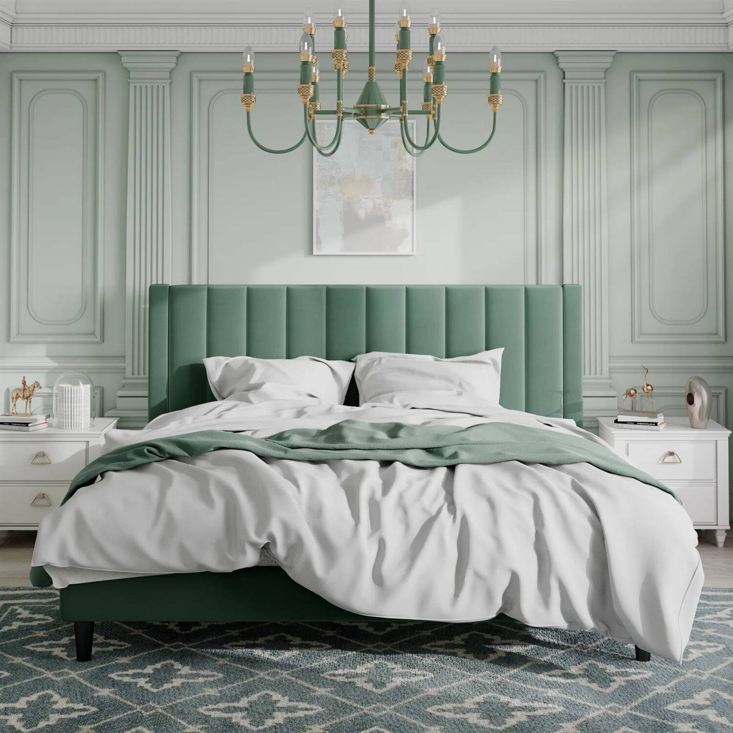 Angle. Hivvago - King size Green Velvet Upholstered Platform Bed Frame with Headboard - Green.