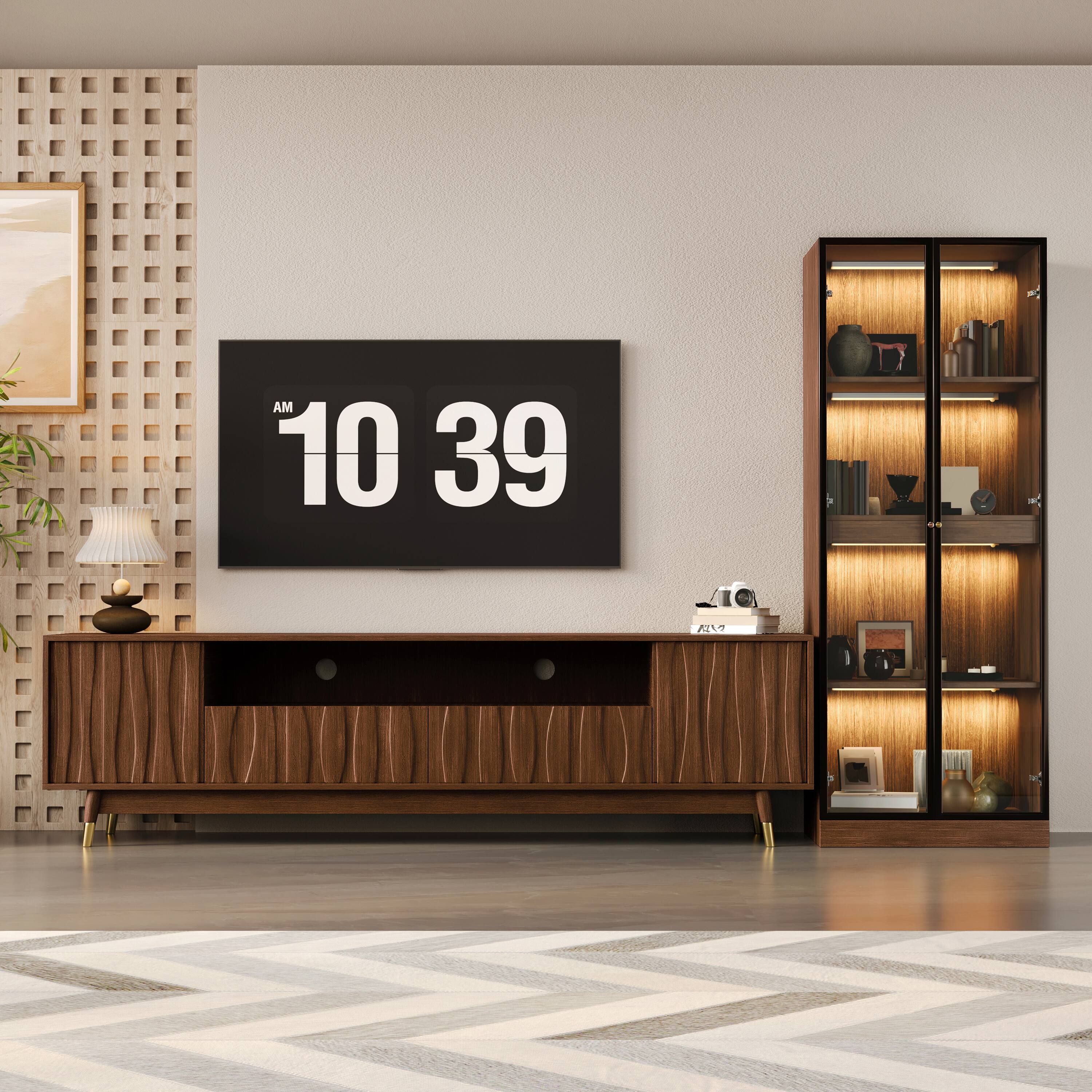 Front. MSOOB - 2 Pieces Entertainment Center For TVs up to 85'', Mid Century Modern Walnut Finish TV Stand And Glass Display Cabinet - brown.