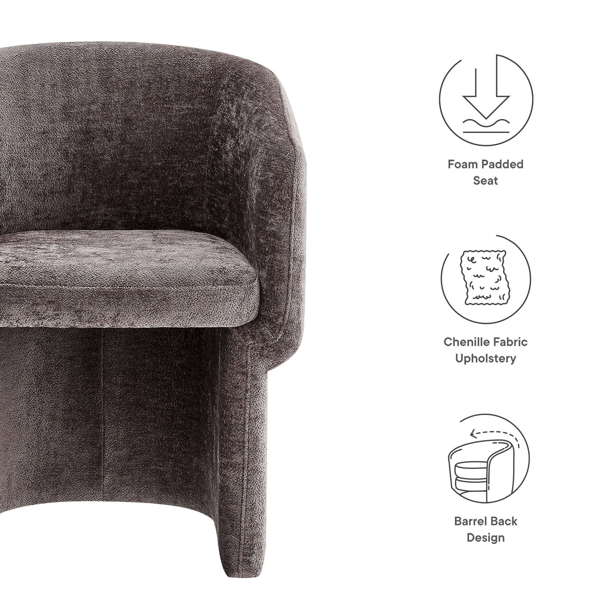 - Foam Padded Seat
- Chenille Fabric Upholstery
- Barrel Back Design