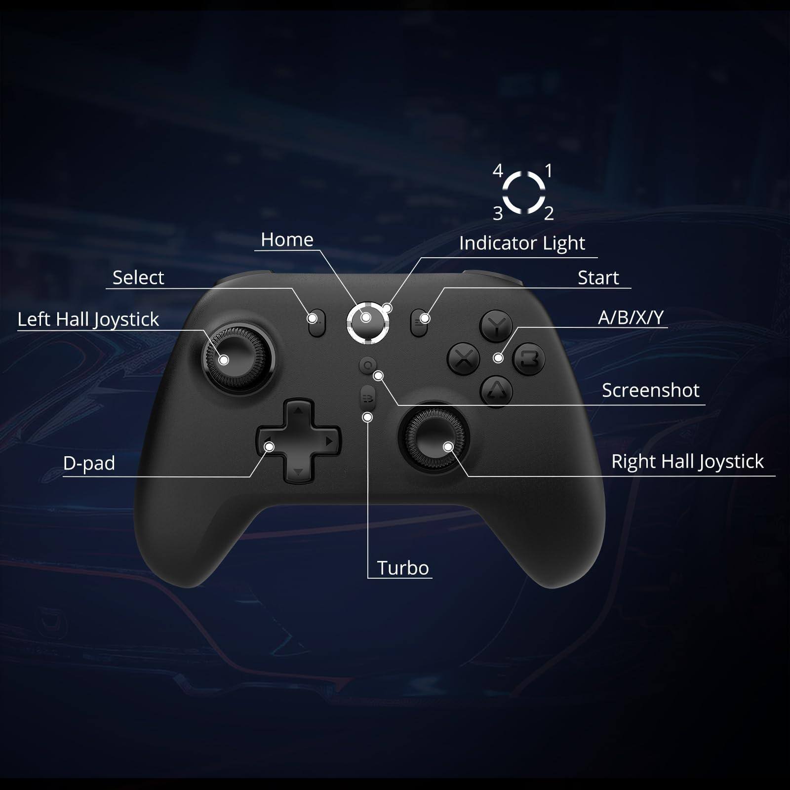 Sure, here is the corrected and grouped text from the image:

- **Left Hall Joystick**
- **D-pad**
- **Select**
- **Home**
- **Indicator Light**
  - 1
  - 2
  - 3
  - 4
- **Start**
- **A/B/X/Y**
- **Screenshot**
- **Right Hall Joystick**
- **Turbo**