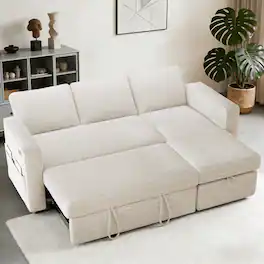 Dyonery - 81" L Shaped Sleeper Couch Sofa Bed with Pull Out Bed Reclining Backrest, Storage Chaise, USB Ports, Tool-Free Assembly - Beige