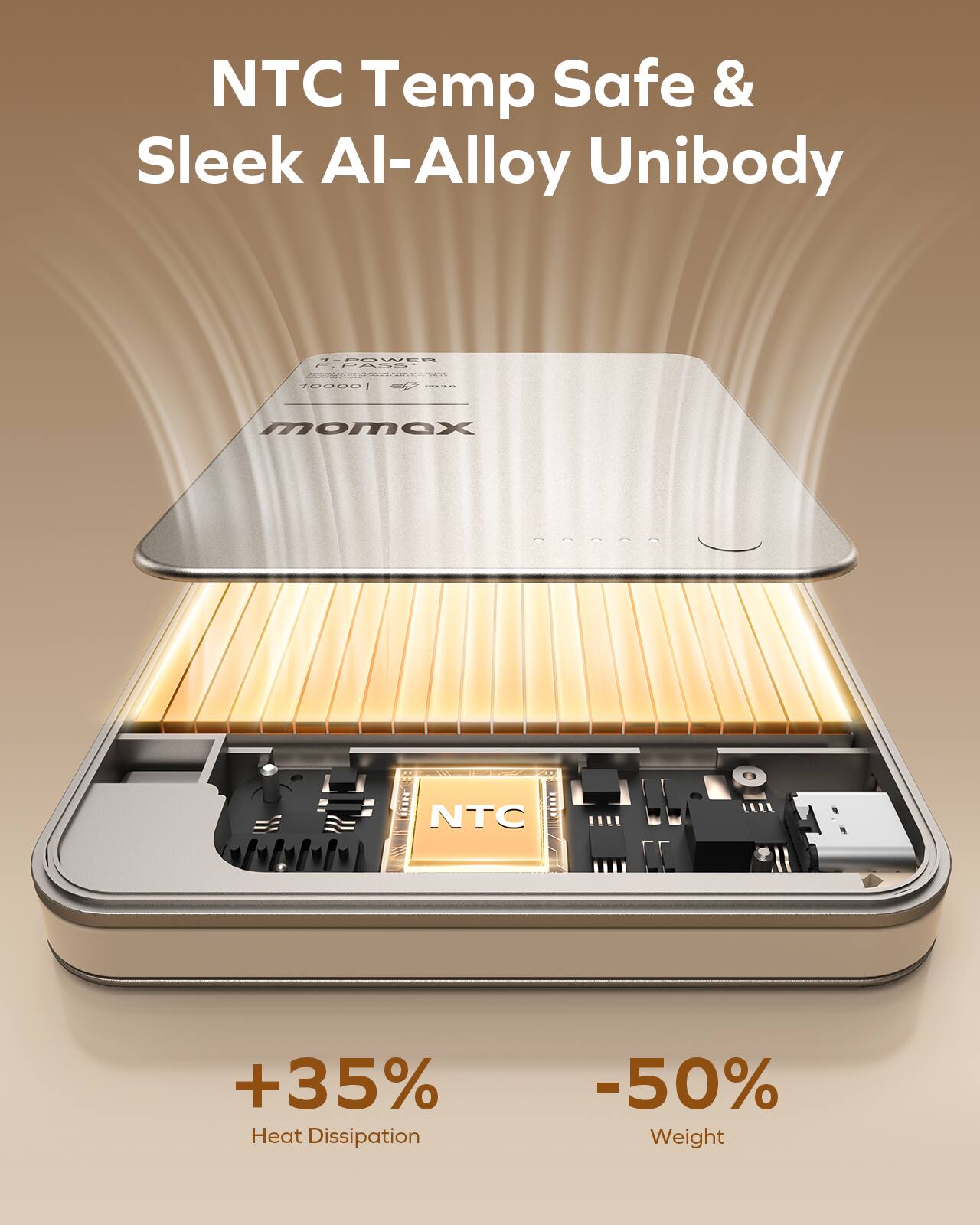 NTC Temp Safe & Sleek Al-Alloy Unibody

IPEWER L.PAS0

momex NTC

+35% Heat Dissipation

-50% Weight