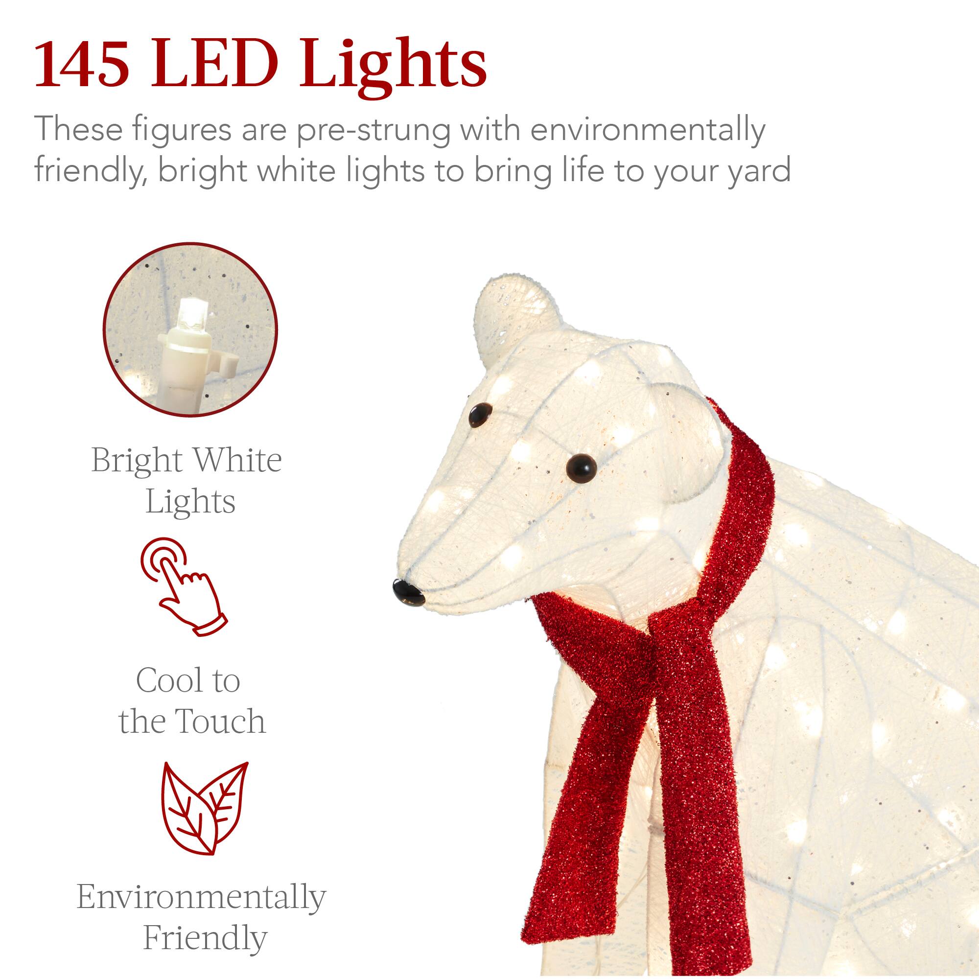 145 LED Lights

These figures are pre-strung with environmentally friendly, bright white lights to bring life to your yard

- Bright White Lights
- Cool to the Touch
- Environmentally Friendly