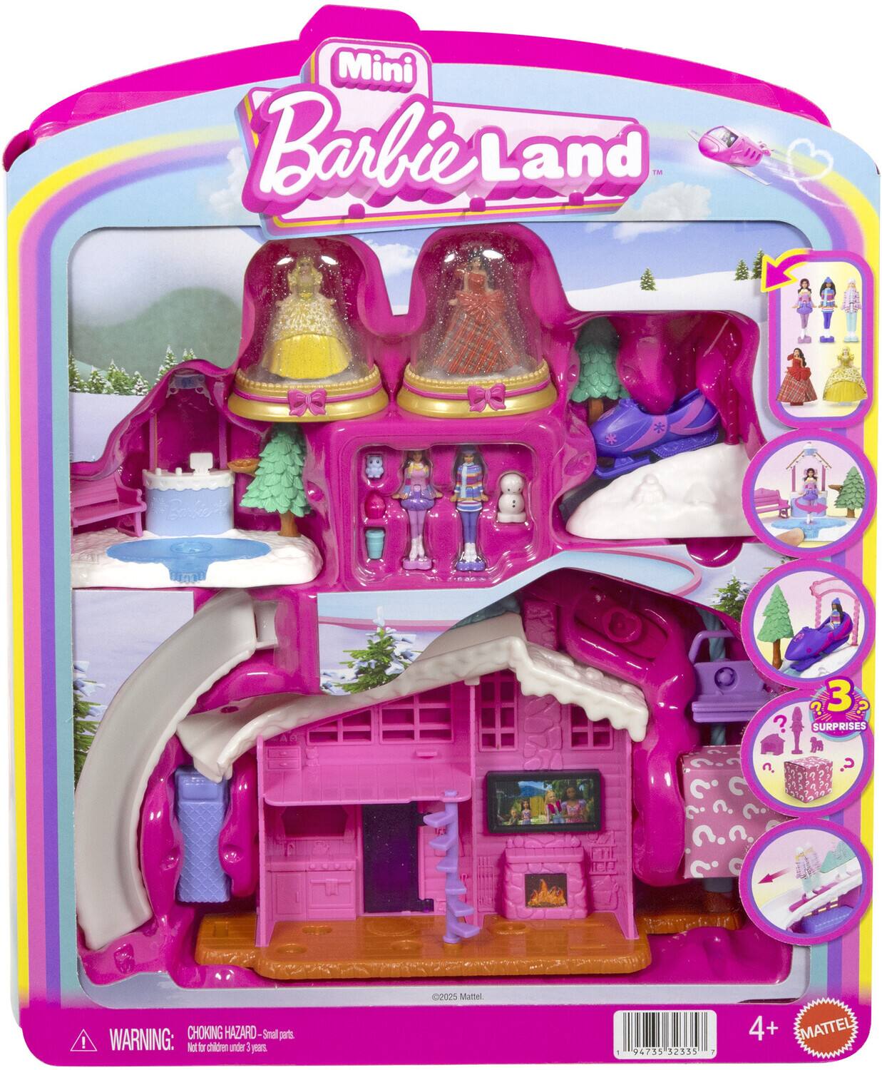 Mini Barbie Land

3 SURPRISES

WARNING: CHOKING HAZARD - Small parts. Not for children under 3 years.

©2025 Mattel

4+