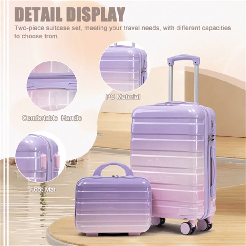 DETAIL DISPLAY  
Two-piece suitcase set, meeting your travel needs, with different capacities to choose from.  
PC Material  
Comfortable Handle  
Foot Mat