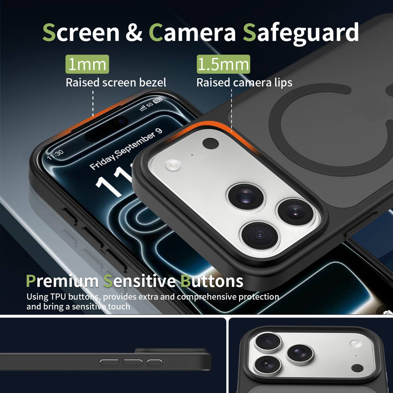 Screen & Camera Safeguard  
1mm Raised screen bezel  
1.5mm Raised camera lips  

Premium Sensitive Buttons  
Using TPU buttons, provides extra and comprehensive protection and brings a sensitive touch