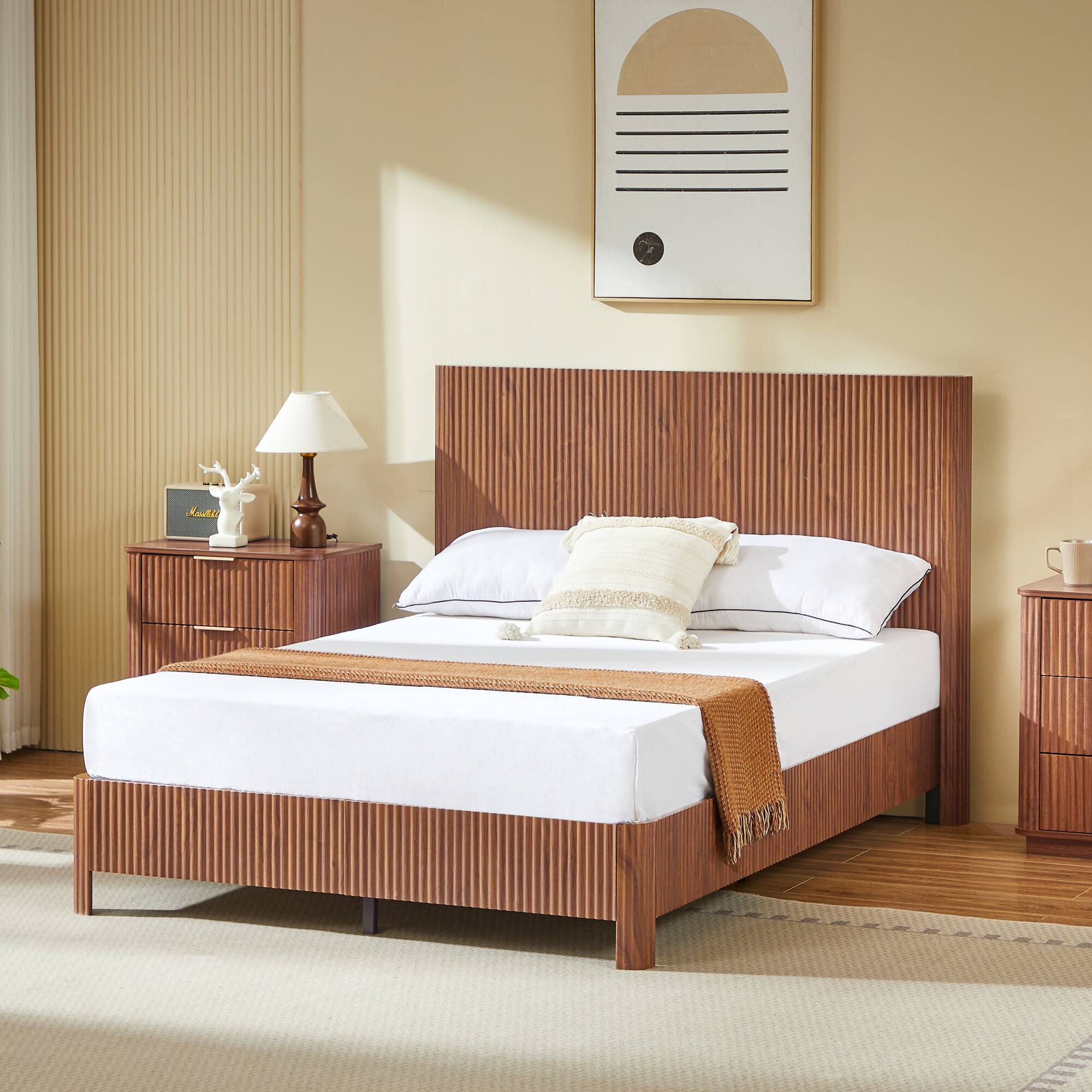 Alt View 1. GOODSILO - Full Size Wooden Corrugated Curved Lines Bed Frame with No Box Spring Needed in Walnut Finish - Walnut.