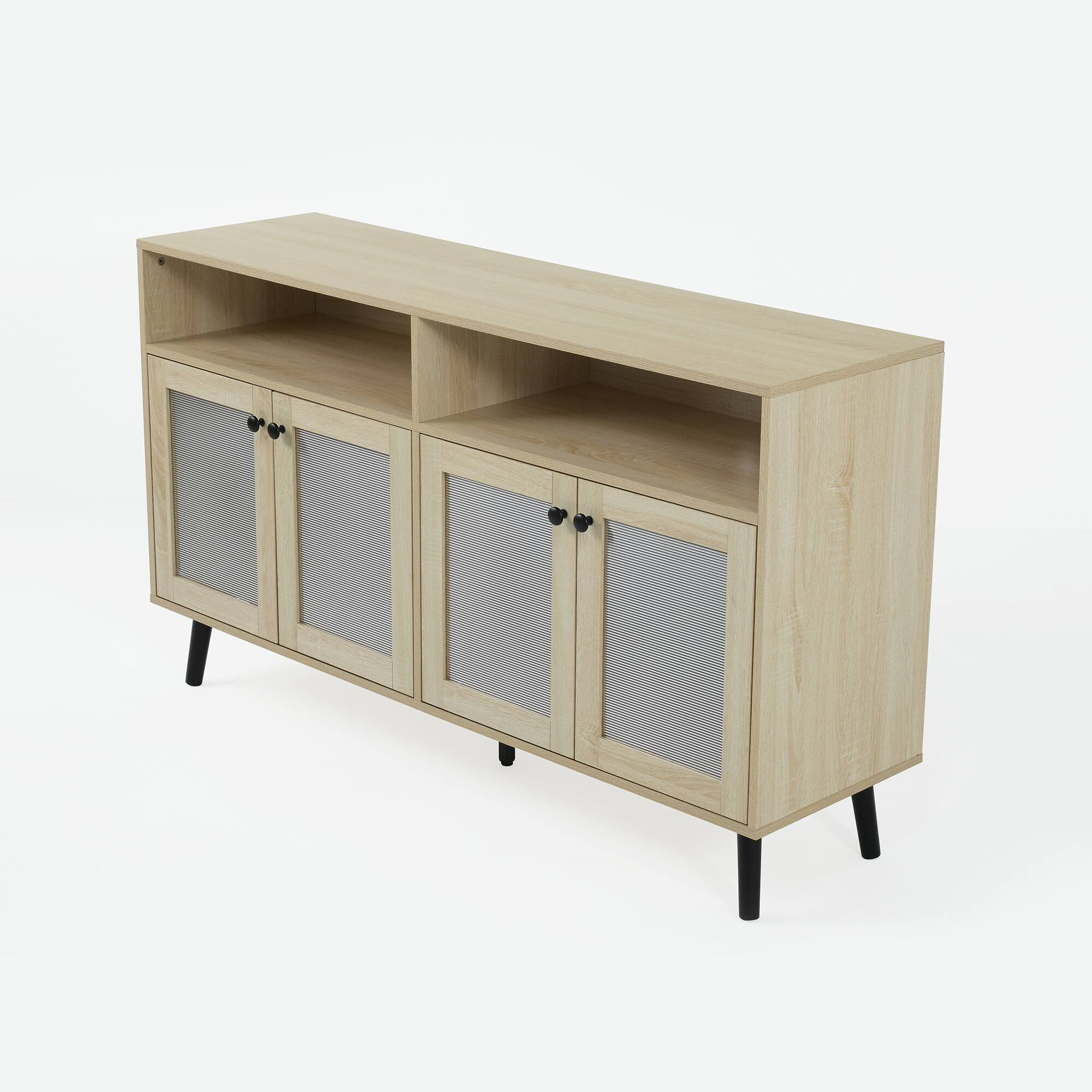 Alt View 2. Vaczon - Modern Natural Wood TV Stand with Storage Ribbed Glass Doors and Open Shelves, Entertainment Console - Light Oak.