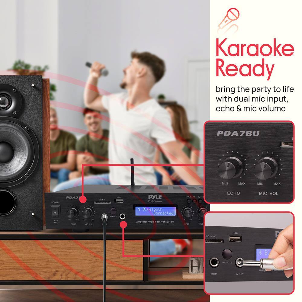Karaoke Ready  
bring the party to life with dual mic input, echo & mic volume  

PDA7BU  
PYLE  
Bluetooth Connected  
Amplifier Audio Receiver System  

MIN MAX  
ECHO  
MIN MAX  
MIC VOL  

PDA7BU  
PYLE  
Bluetooth Connected  
Amplifier Audio Receiver System  

MIN MAX  
ECHO  
MIN MAX  
MIC VOL  

PDA7BU  
PYLE  
Bluetooth Connected  
Amplifier Audio Receiver System  

MIN MAX  
ECHO  
MIN MAX  
MIC VOL  

PDA7BU  
PYLE  
Bluetooth Connected  
Amplifier Audio Receiver System  

MIN MAX  
ECHO  
MIN MAX  
MIC VOL  

PDA7BU  
PYLE  
Bluetooth Connected  
Amplifier Audio Receiver System  

MIN MAX  
ECHO  
MIN MAX  
MIC VOL  

PDA7BU  
PYLE  
Bluetooth Connected  
Amplifier Audio Receiver System  

MIN MAX  
ECHO  
MIN MAX  
MIC VOL  

PDA7BU  
PYLE  
Bluetooth Connected  
Amplifier Audio Receiver System  

MIN MAX  
ECHO  
MIN MAX  
MIC VOL  

PDA7BU  
PYLE  
Bluetooth Connected  
Amplifier Audio Receiver System  

MIN MAX  
ECHO  
MIN MAX  
