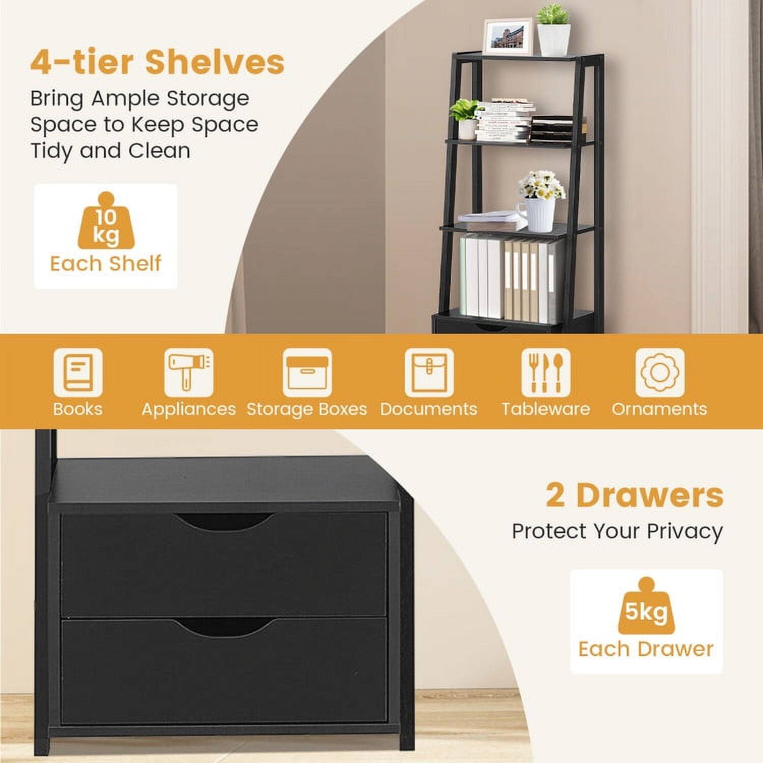 4-tier Shelves  
Bring Ample Storage Space to Keep Space Tidy and Clean  
10 kg Each Shelf  
Books, Appliances, Storage Boxes, Documents, Tableware, Ornaments  

2 Drawers  
Protect Your Privacy  
5 kg Each Drawer