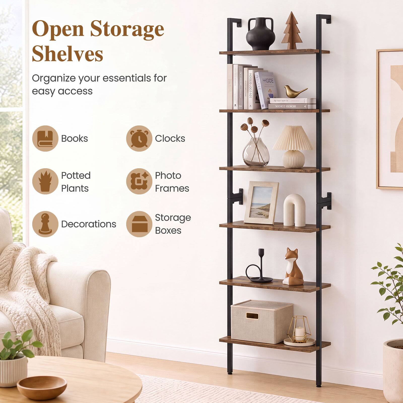 Open Storage Shelves  
Organize your essentials for easy access

- Books
- Clocks
- Potted Plants
- Photo Frames
- Decorations
- Storage Boxes