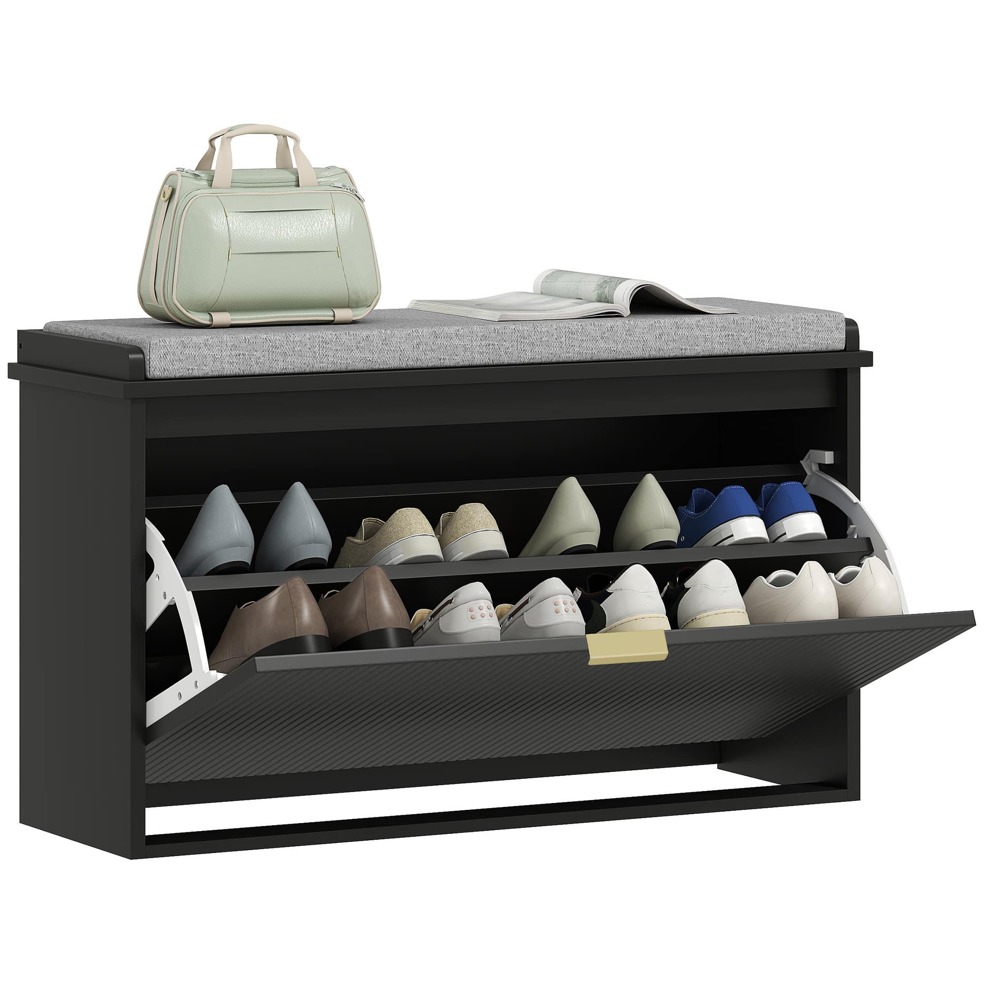 Homcom - Narrow Shoe Bench with Padded Seat Cushion and Flip-Drawer, Small Entryway Bench Holds up to 265lb, Shoe Cabinet - Black