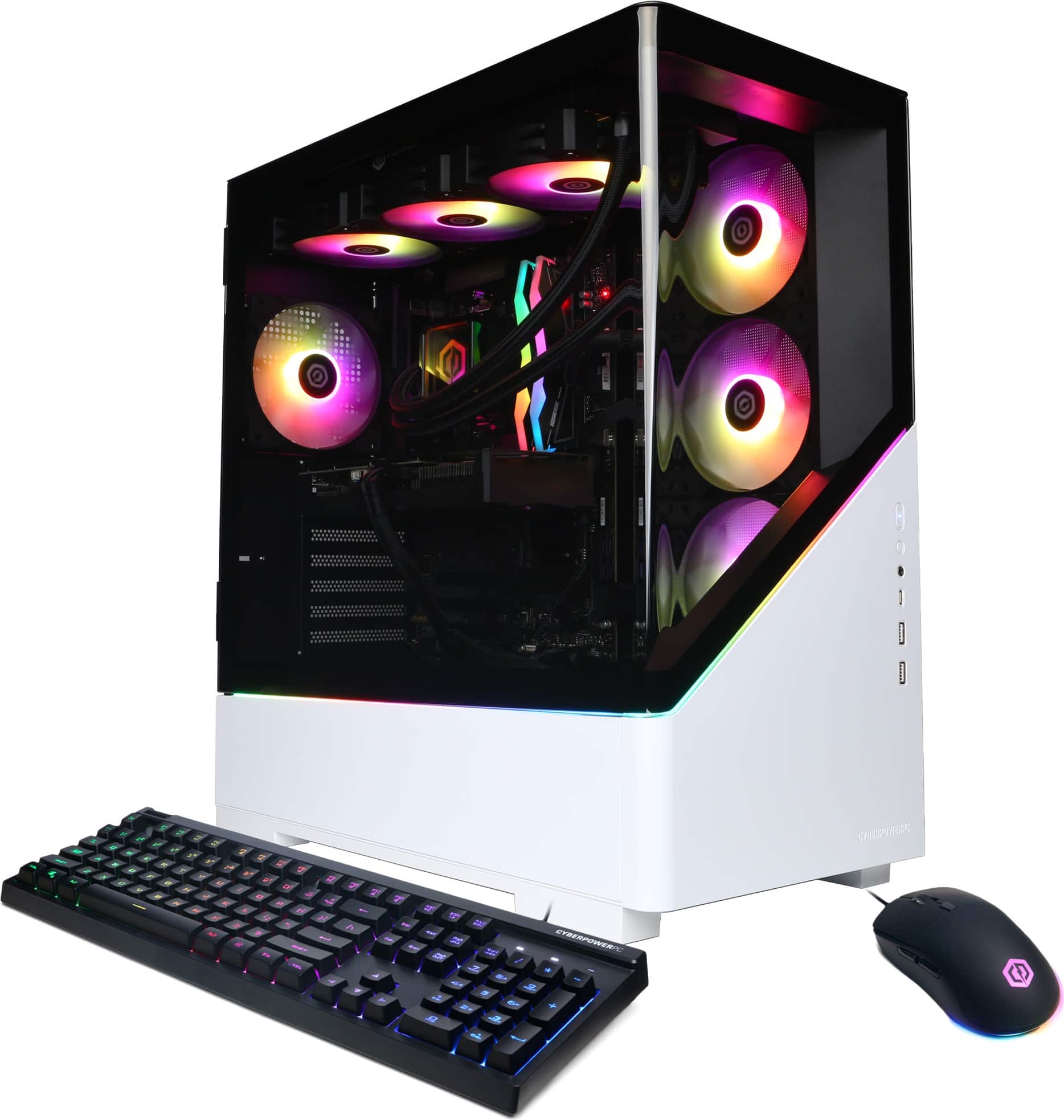 The image features a white computer tower with a keyboard and mouse placed in front of it. The computer tower has a rainbow lighting effect, adding a colorful touch to the setup. The keyboard and mouse are positioned close to each other, indicating that they are part of the same computer setup.