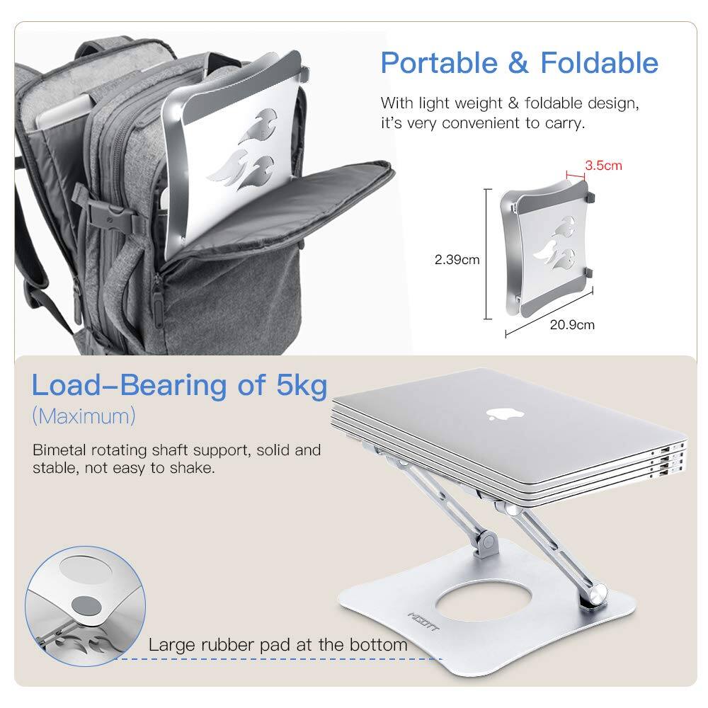 Portable & Foldable  
With light weight & foldable design, it's very convenient to carry.  
3.5cm  
2.39cm  
20.9cm  

Load-Bearing of 5kg (Maximum)  
Bimetal rotating shaft support, solid and stable, not easy to shake.  

Large rubber pad at the bottom