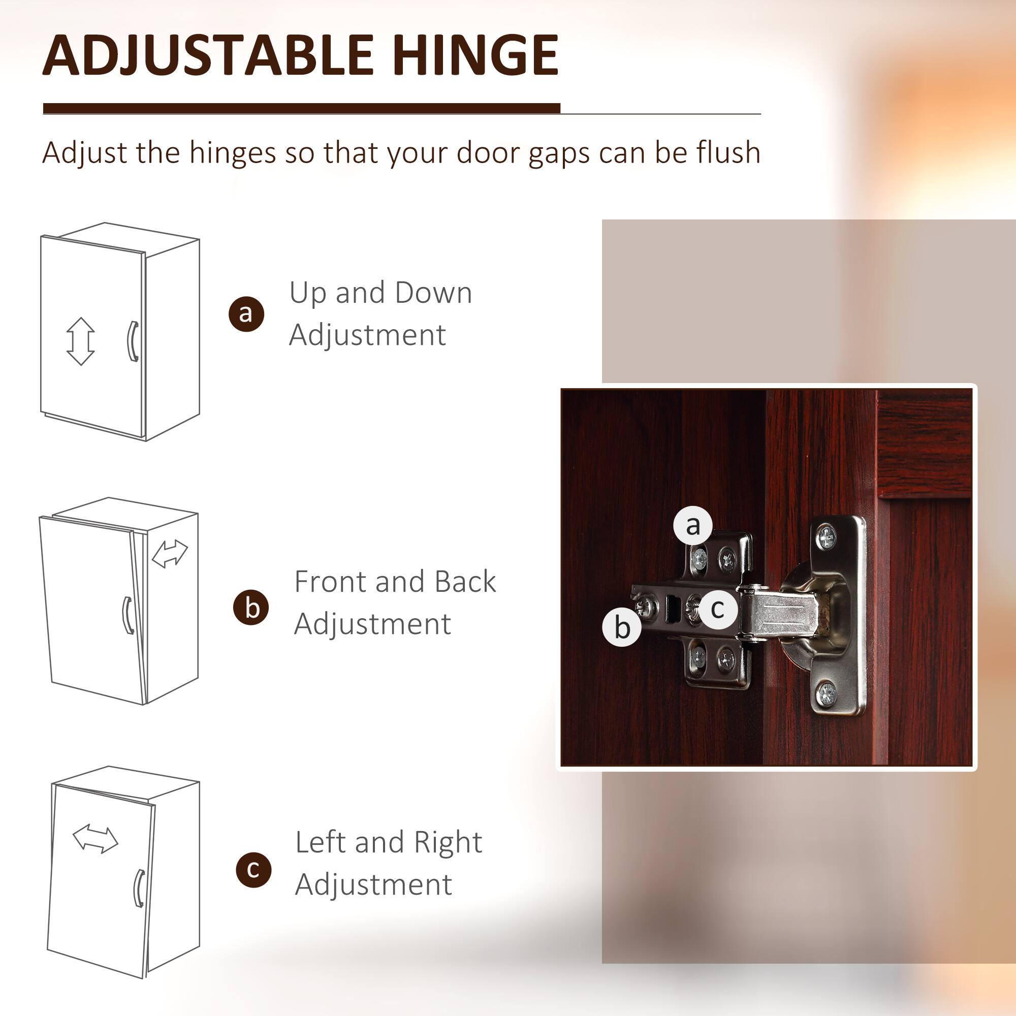 ADJUSTABLE HINGE

Adjust the hinges so that your door gaps can be flush

Up and Down a Adjustment

Front and Back b Adjustment

Left and Right c Adjustment