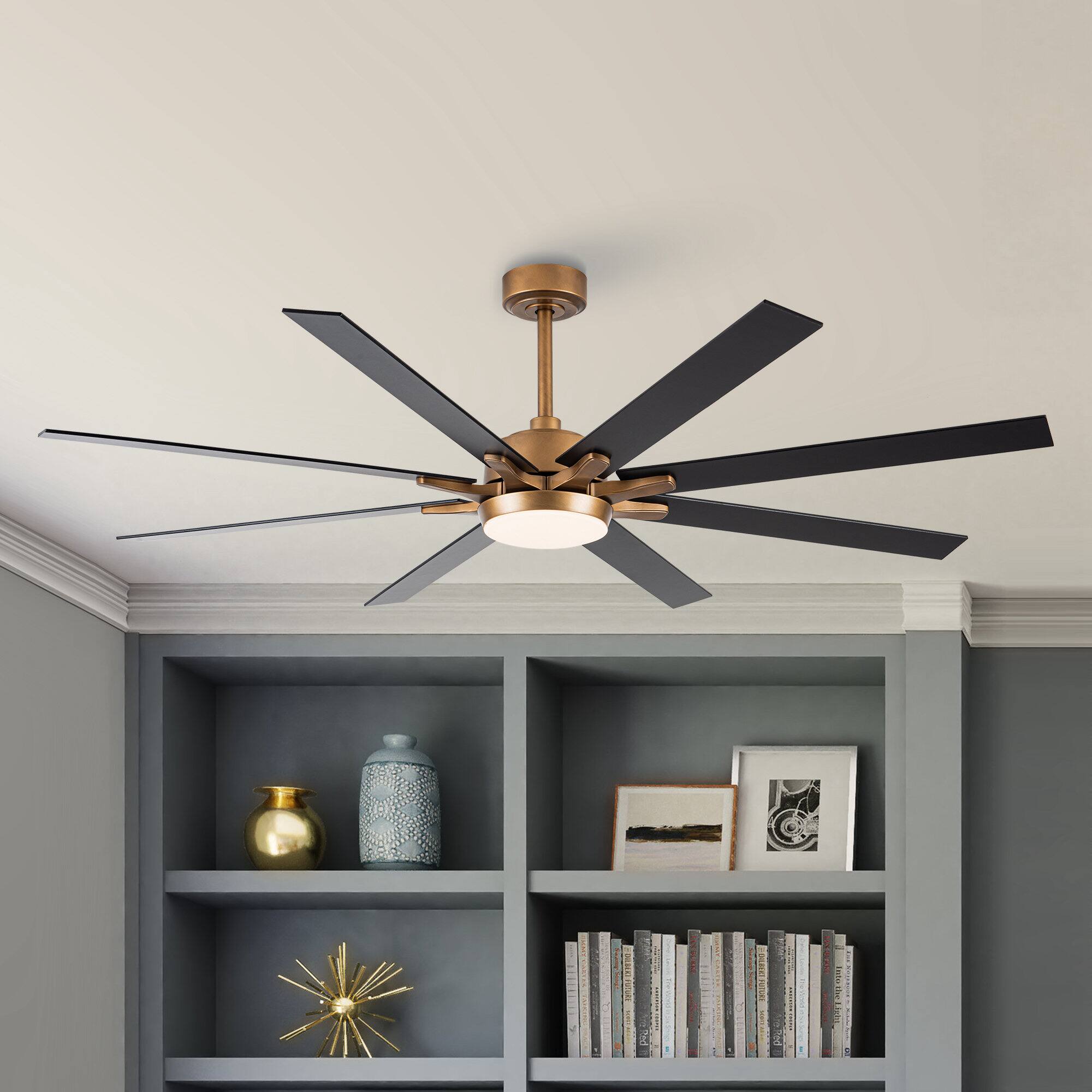Front. Parrot Uncle - 65-inch Indoor LED Ceiling Fan with Light and Remote Control, 8 Reversible Blades, DC Reversible Motor - Gold.