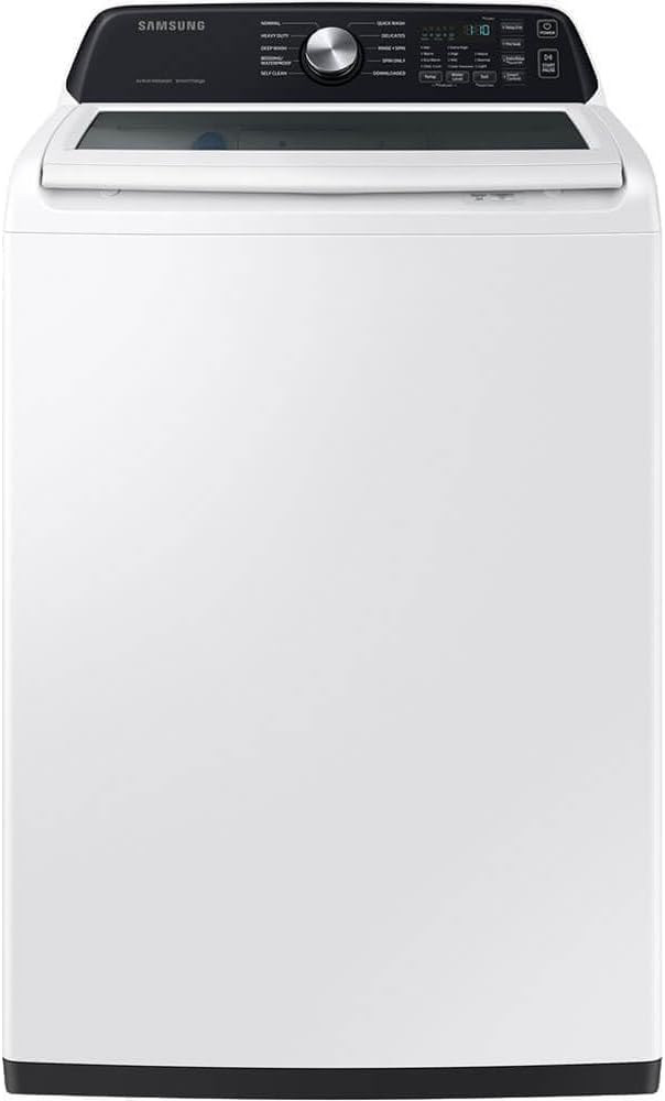 Left. Samsung - Smart 4.7 Cu. Ft. Top Load Washer and 7.4 Cu. Ft. Electric Dryer Laundry Bundle with Sensor Dry, Low Vibration Wash, Wat - White.