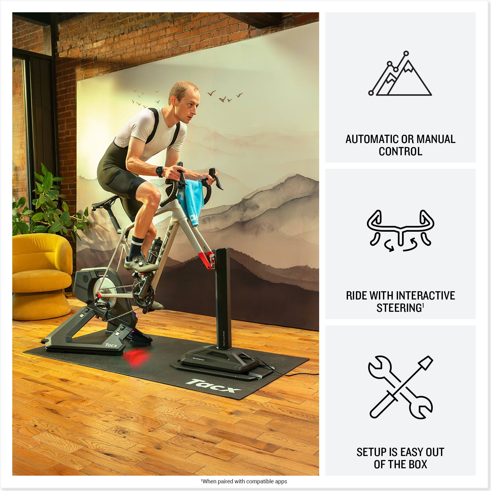 The text on the image is grouped and corrected as follows:

1. Automatic or manual control: Ride with interactive steering.
2. Setup is easy out of the box.
3. When paired with compatible software.