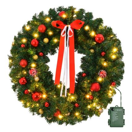 Front. Winado - 36in Christmas Artificial Pre-Lit Wreath with LED Lights, Ornaments for Indoor Outdoor Holiday Accent Door Decorations - Green.