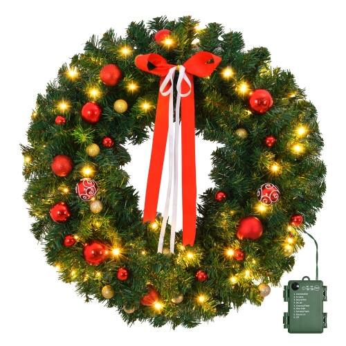 Front. Winado - 36in Christmas Artificial Pre-Lit Wreath with LED Lights, Ornaments for Indoor Outdoor Holiday Accent Door Decorations - Green.