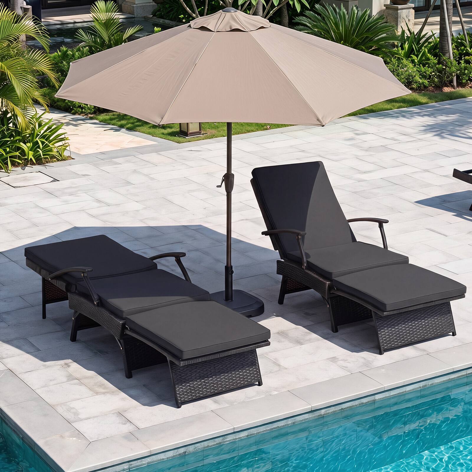 Alt View 3. Costway - Costway 1 PCS Folding Wicker Chaise Lounge with Slide-Out Ottoman, 11-Level Adjustable Backrest - Mix Brown+Black.