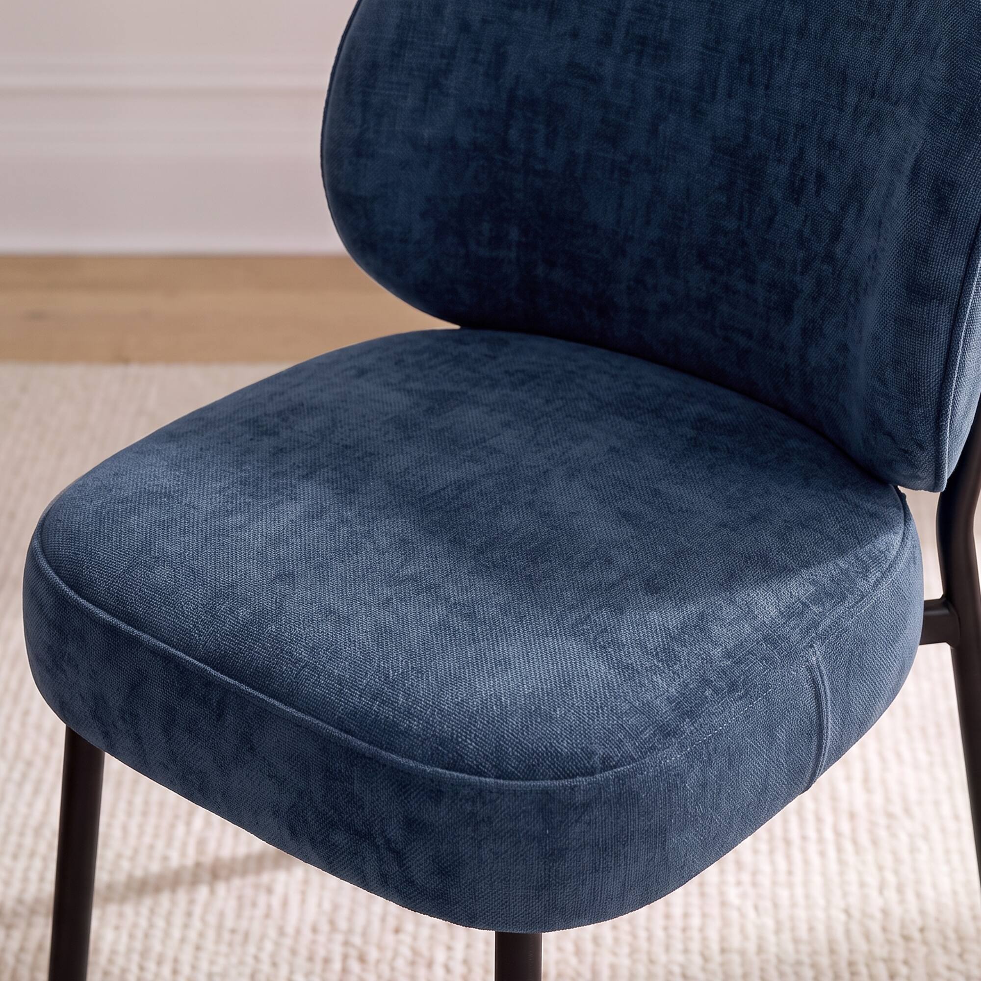 Angle. KERDOM - Modern 2pcs Dining Chair, Upholstered Chenille Kitchen Chair, Widen Curved Backrest, Metal Leg, Armless Restaurant Chair - Blue.