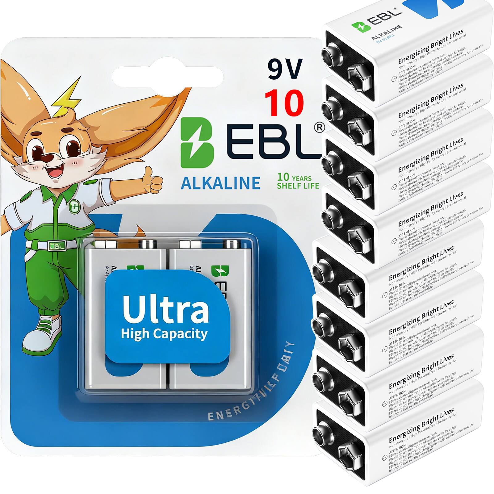 EBL - Ultra High Capacity Energy 9V Batteries Alkaline 9 Volt Battery.
