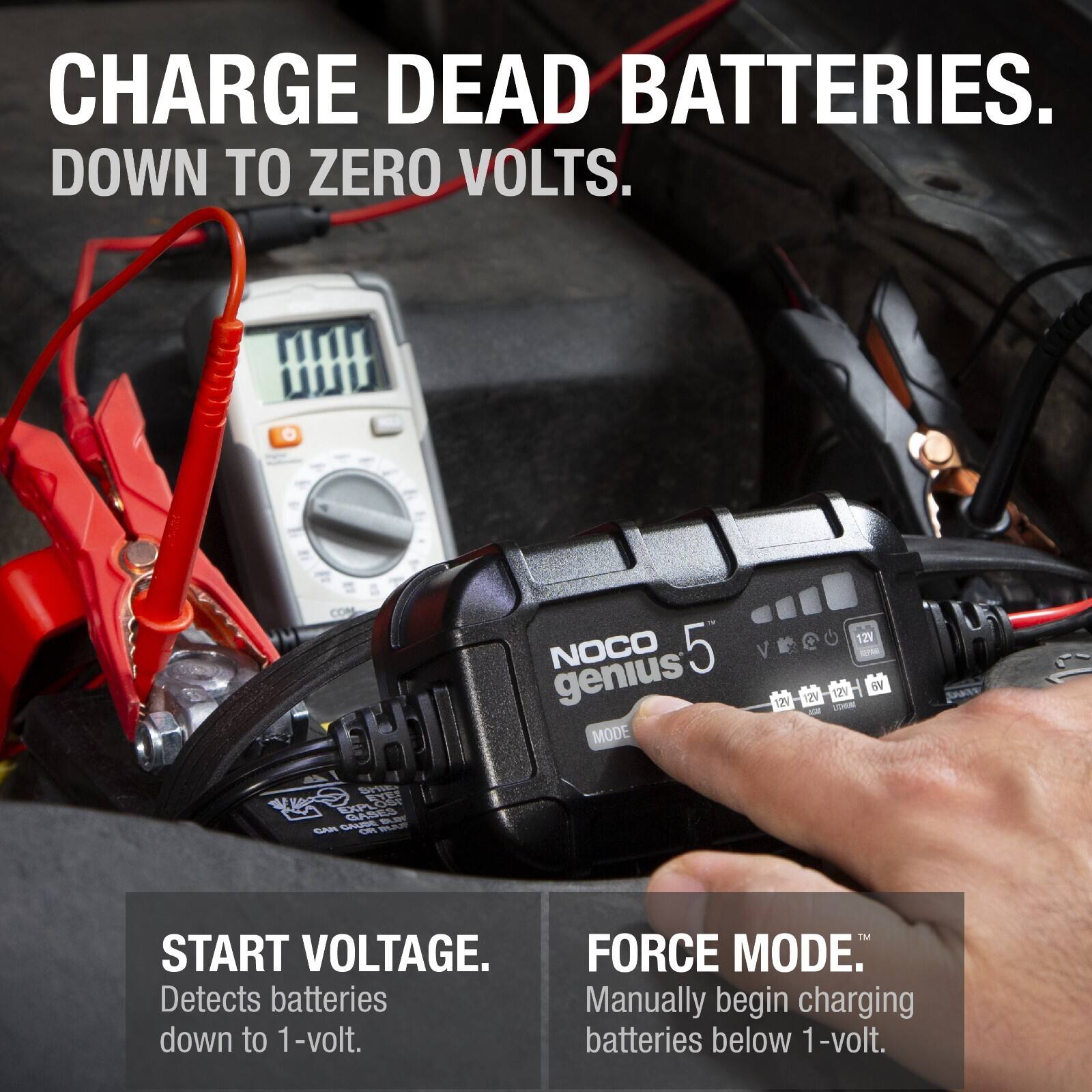 CHARGE DEAD BATTERIES DOWN TO ZERO VOLTS.  
CON NOCO 5 genius MODE 12V 12% 12V 12V BV  
E EXAOST CAN CAD U START VOLTAGE.  
Detects batteries down to 1-volt.  
FORCE MODE.  
"Manually begin charging batteries below 1-volt.