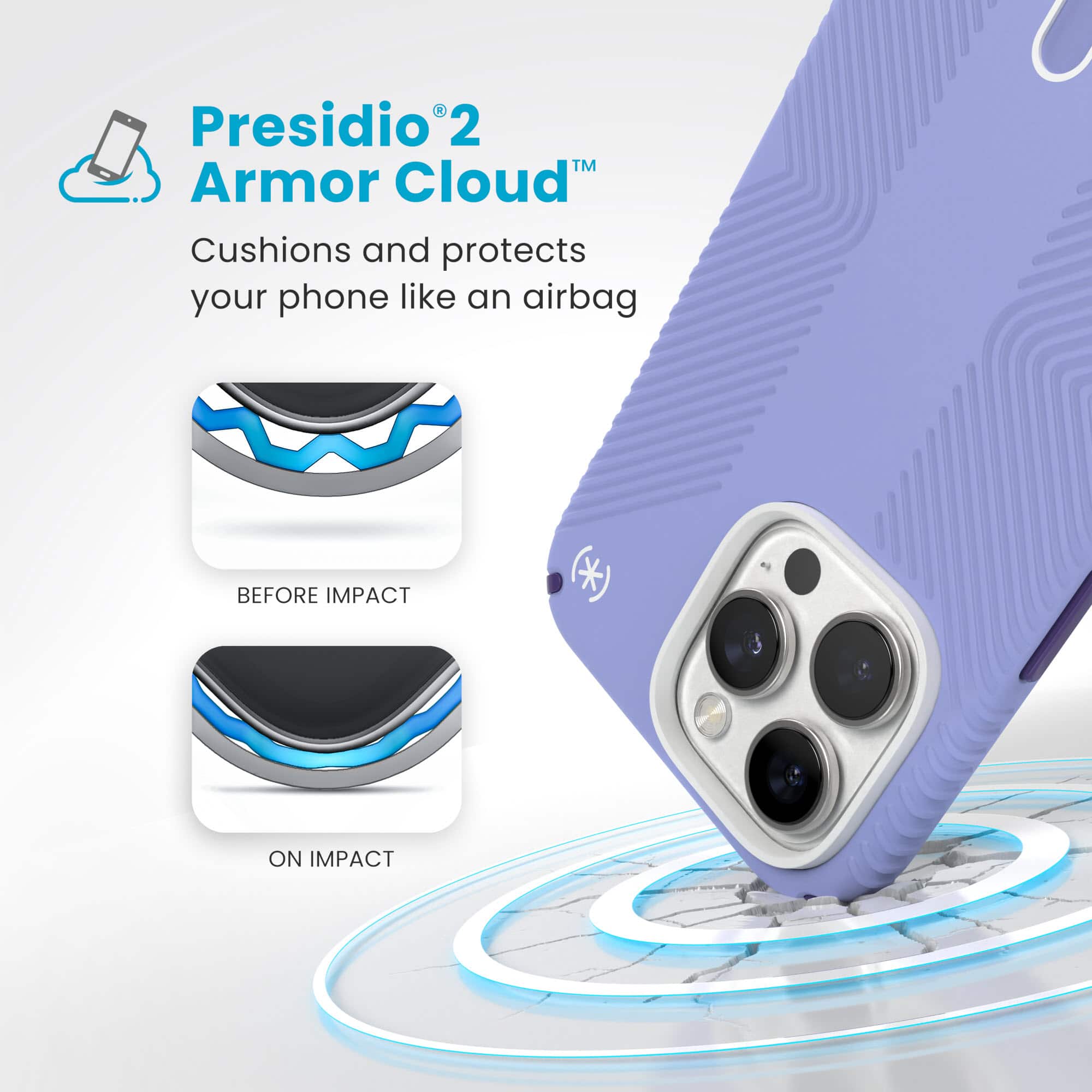Presidio 2 Armor Cloud: Cushions and protects your phone like an airbag. Before impact. On impact.