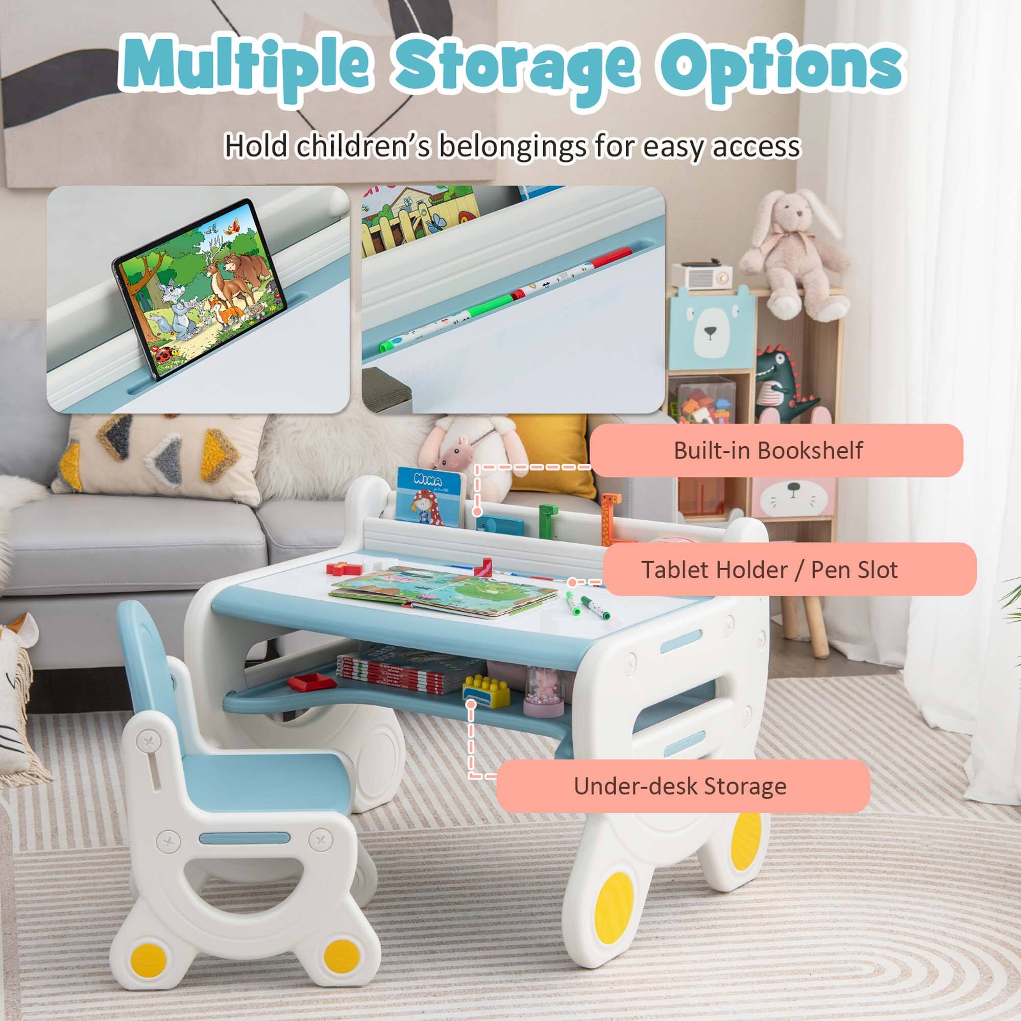 Multiple Storage Options  
Hold children's belongings for easy access  

- Built-in Bookshelf  
- Tablet Holder / Pen Slot  
- Under-desk Storage