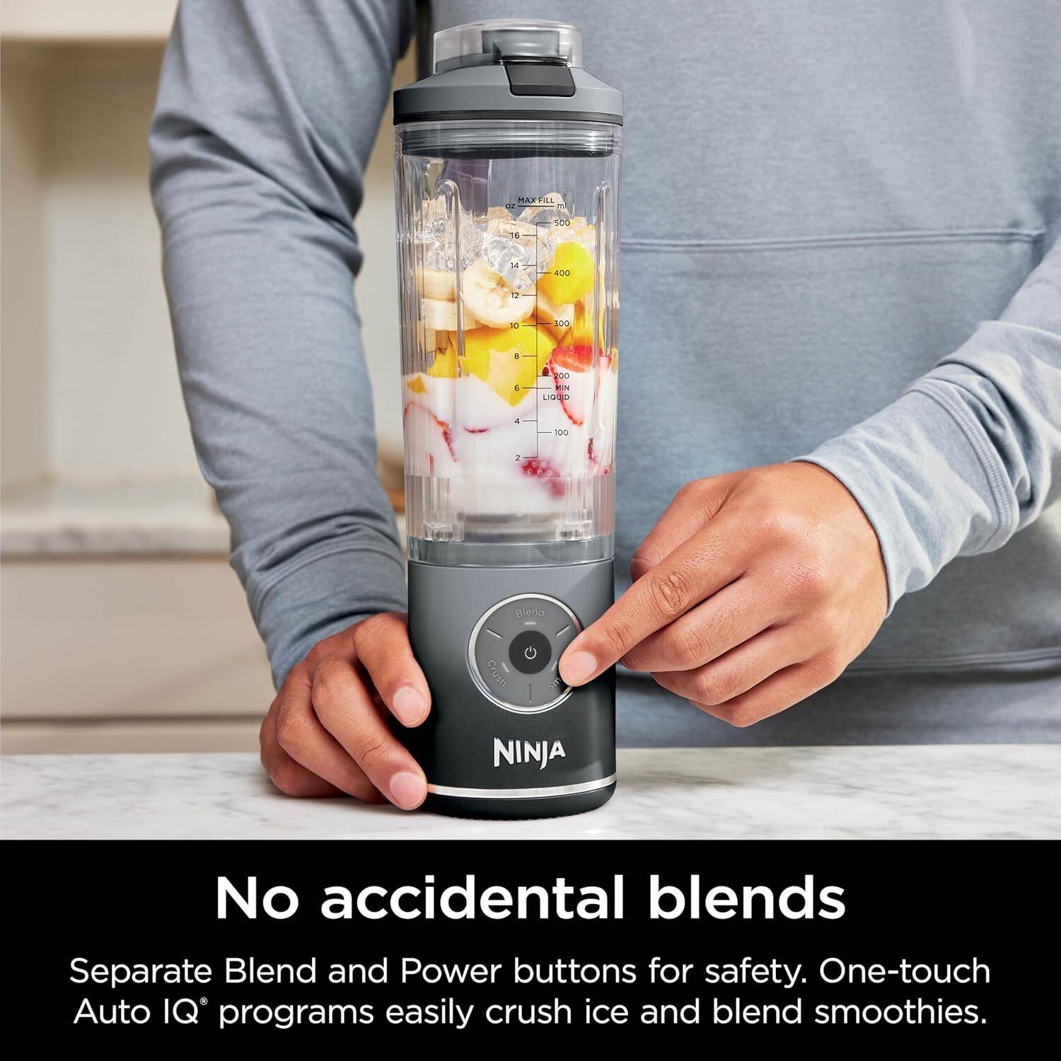 No accidental blends  
Separate Blend and Power buttons for safety. One-touch Auto IQ® programs easily crush ice and blend smoothies.