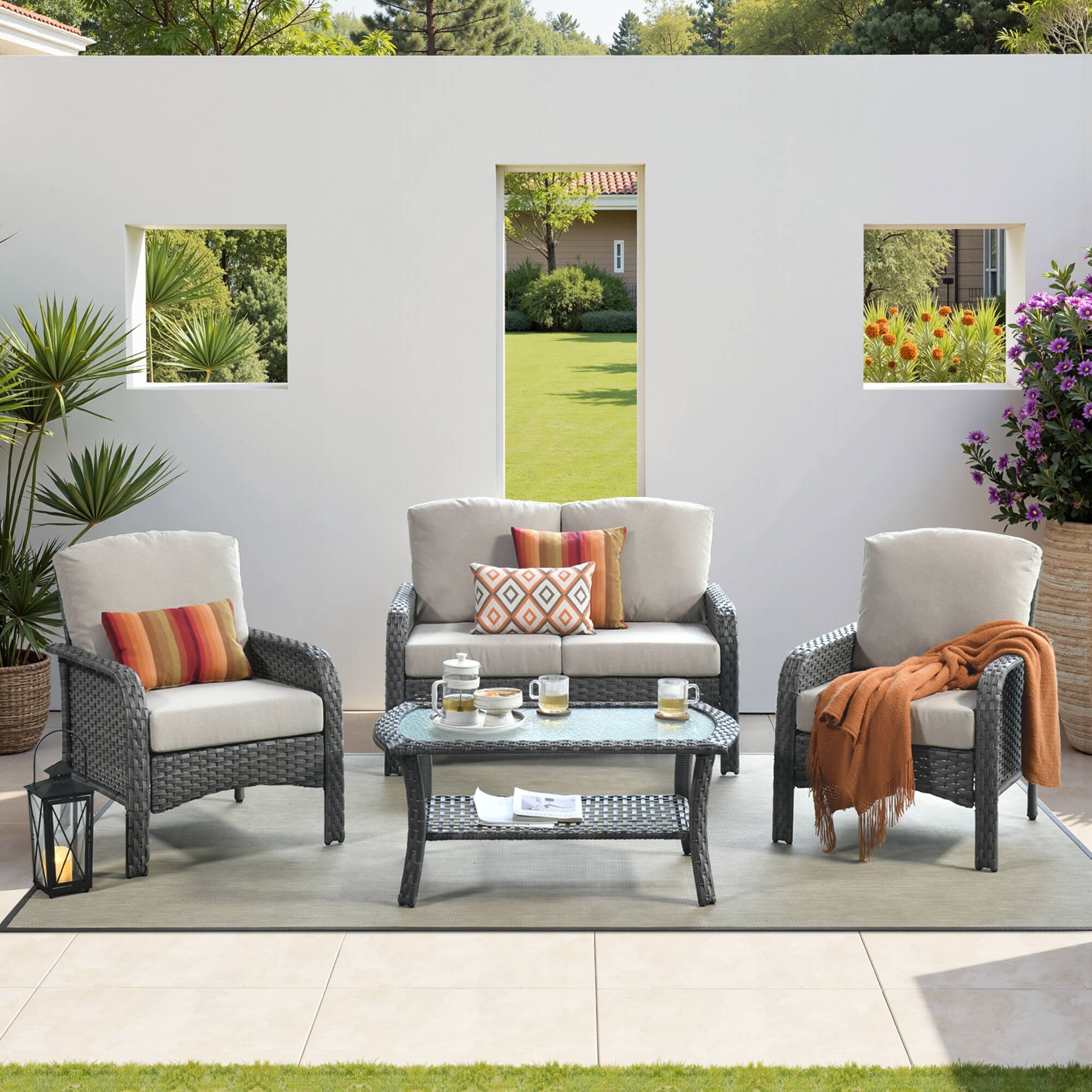 Ovios - 4 PCS Patio Fruniture Set, Outdoor Wicker Sofa with Chairs, High Back Loveseat with Cushion - Beige price history on PriceWatchPro