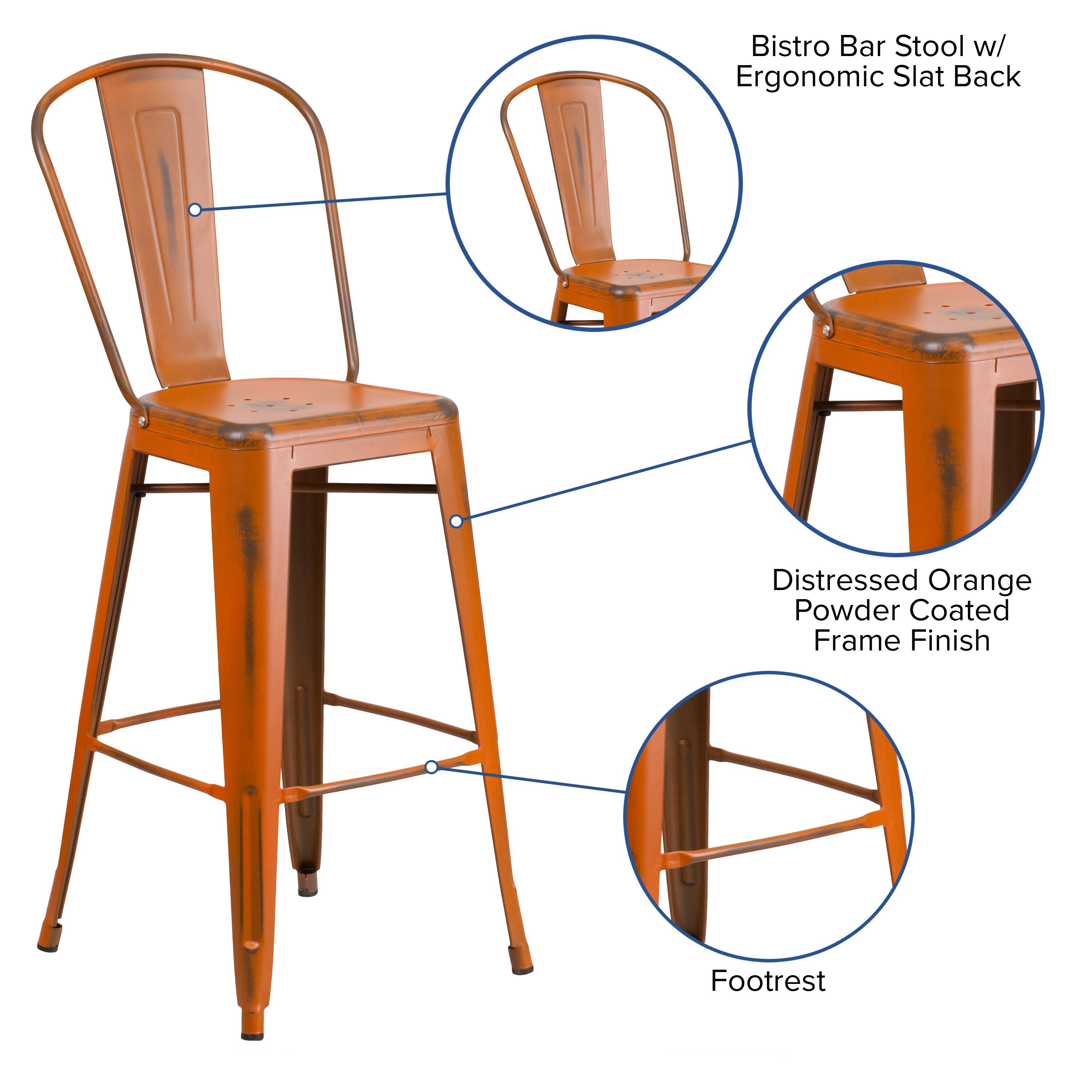 Bistro Bar Stool w/ Ergonomic Slat Back  
Distressed Orange Powder Coated Frame Finish  
Footrest