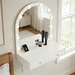 Loheer - Floating Makeup Vanity Desk with Mirror and Lights, Wall Mounted Vanity Desk - White